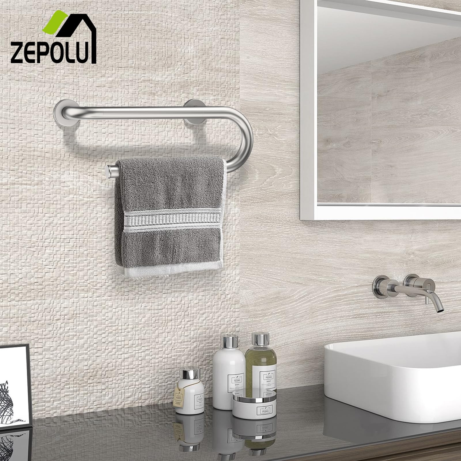 16 Inch Stainless Steel Grab Bar Toilet Paper Holder - Brushed Nickel Bathroom Safety Support Bar for Seniors & Handicap Accessible - Ideal for Elderly Bathroom Safety & ADA Compliant Toilet Assistance