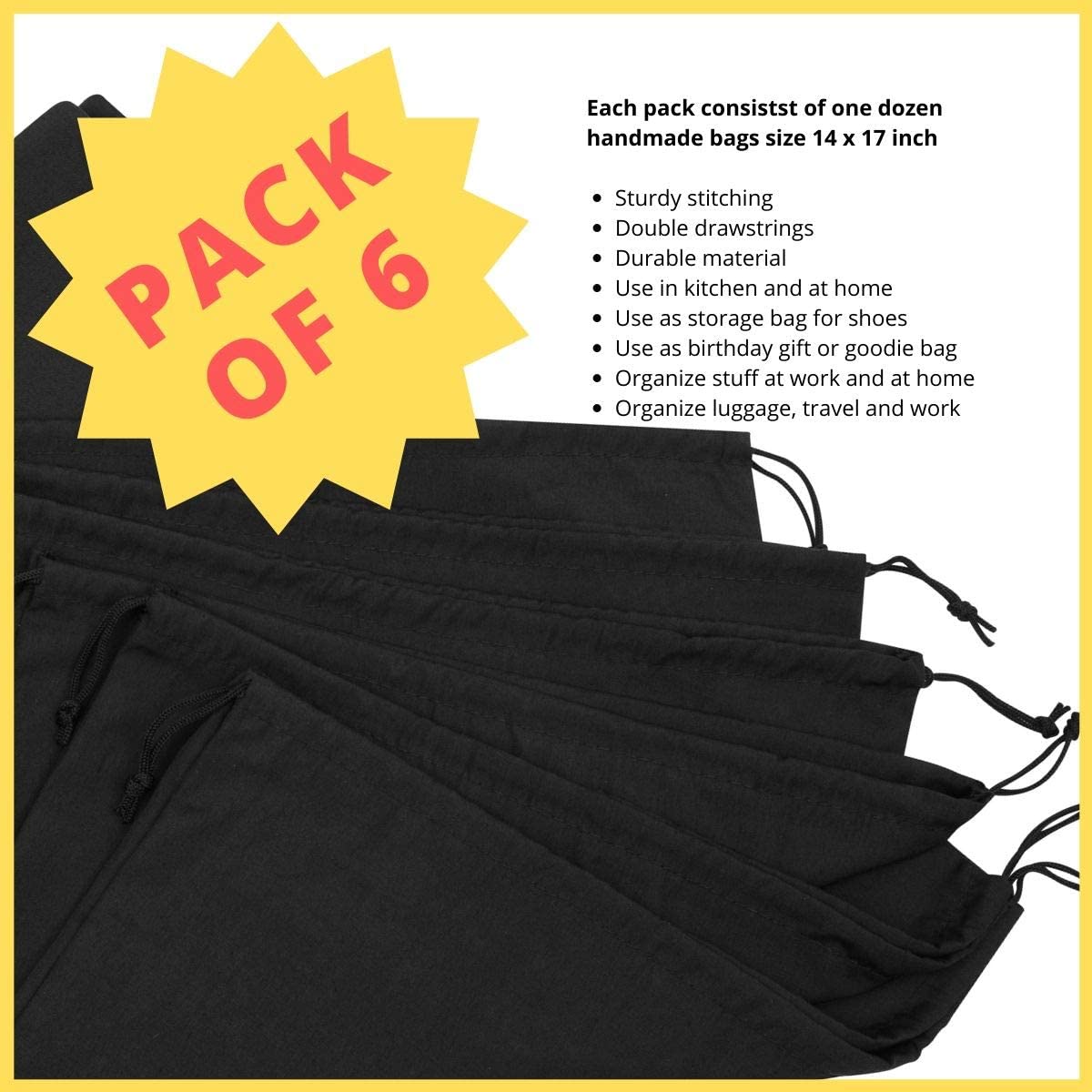 Premium Black Cotton Drawstring Bags - 12