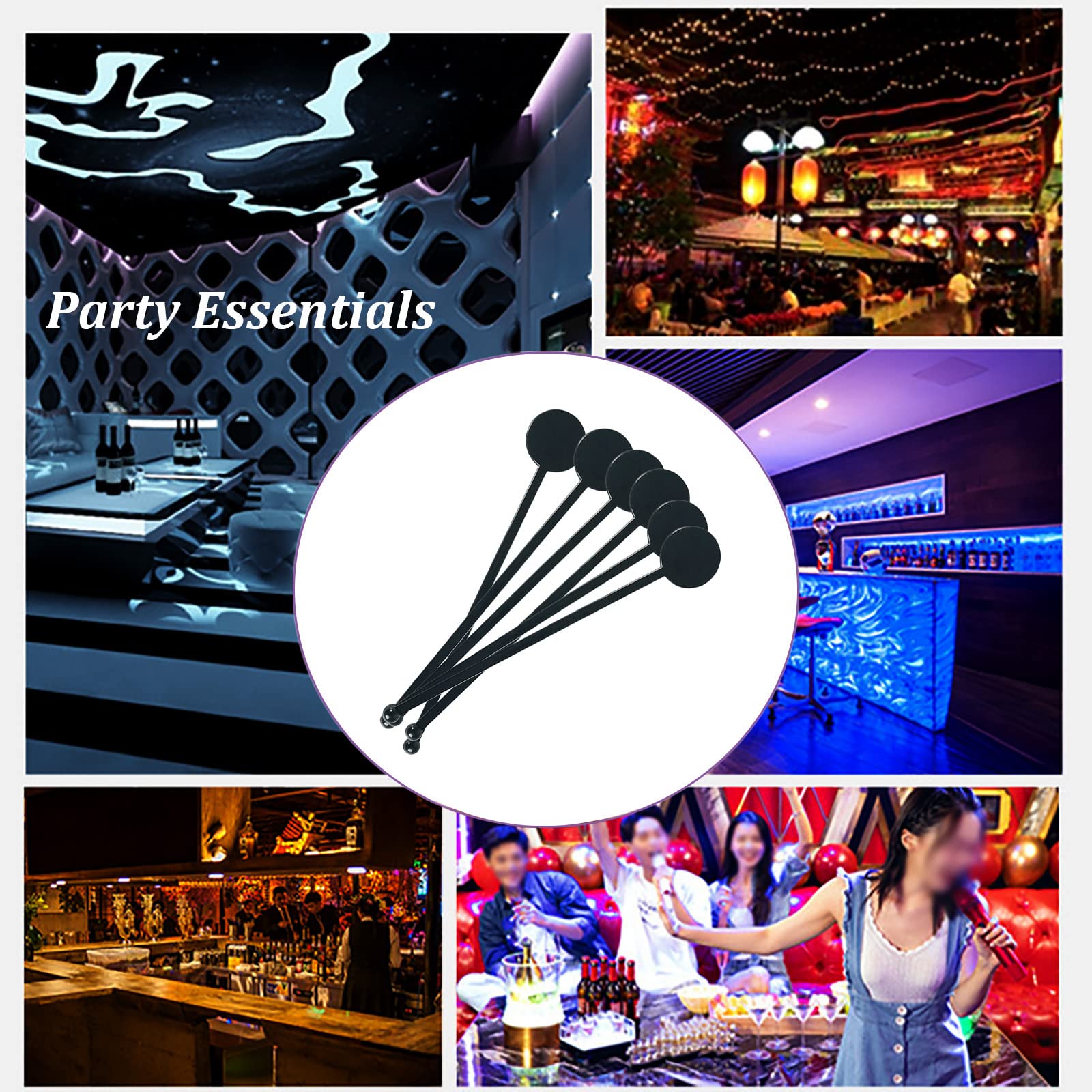 100Pcs 7-Inch Black Plastic Cocktail Swizzle Sticks with Disc Top - Disposable Drink Stirrers for Coffee, Whiskey & Beverages - Perfect for Home Bars, Parties & Mixing Cocktails