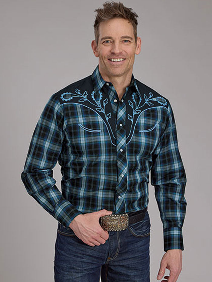 Men's Fancy Applique Plaid Western Shirt Blue - Roper 01 001 0024 1070 - Perfect for Country Music Festivals & Western Style Outfits