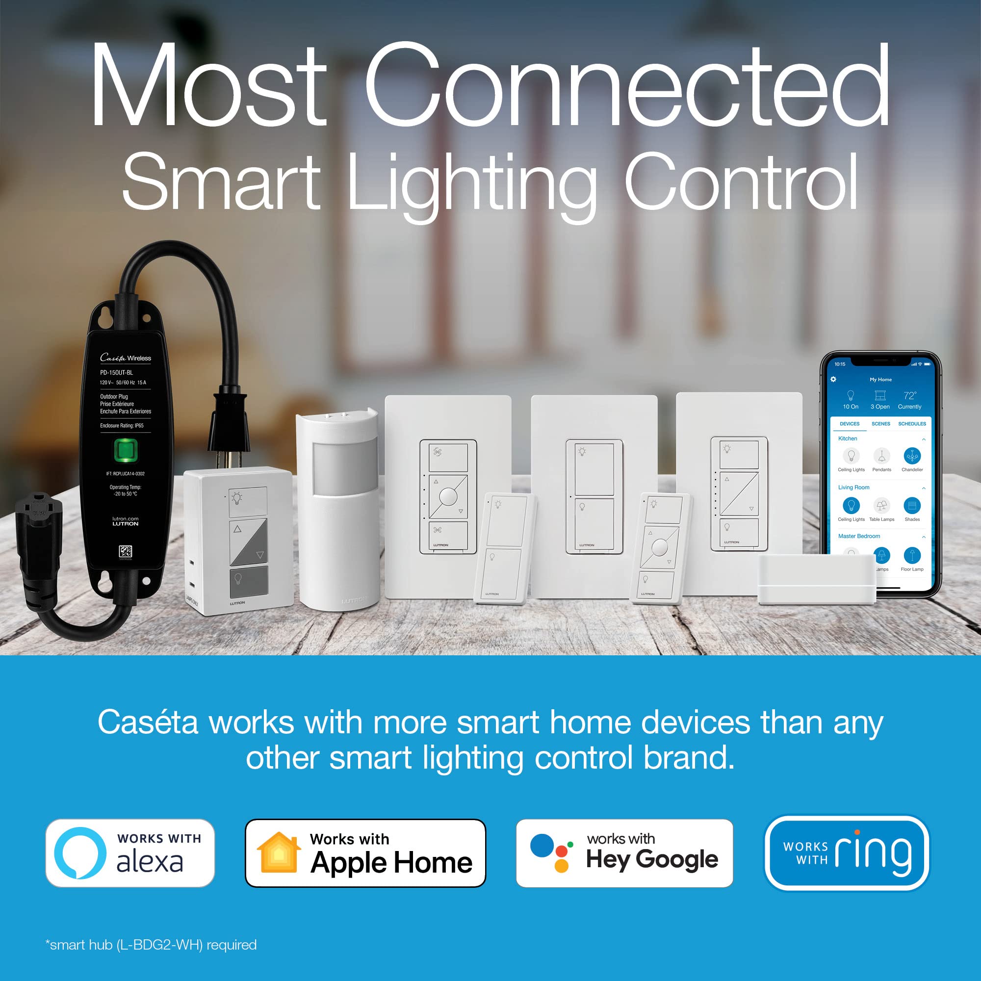 Lutron Caseta Smart Dimmer Switch ELV+ (Requires Lutron Hub) - 250W LED, Single-Pole/3-Way, Neutral Wire Needed - PD-5NE-WH 4-Pack in White - Perfect for Smart Home Lighting Control in Living Rooms, Bedrooms & Kitchens
