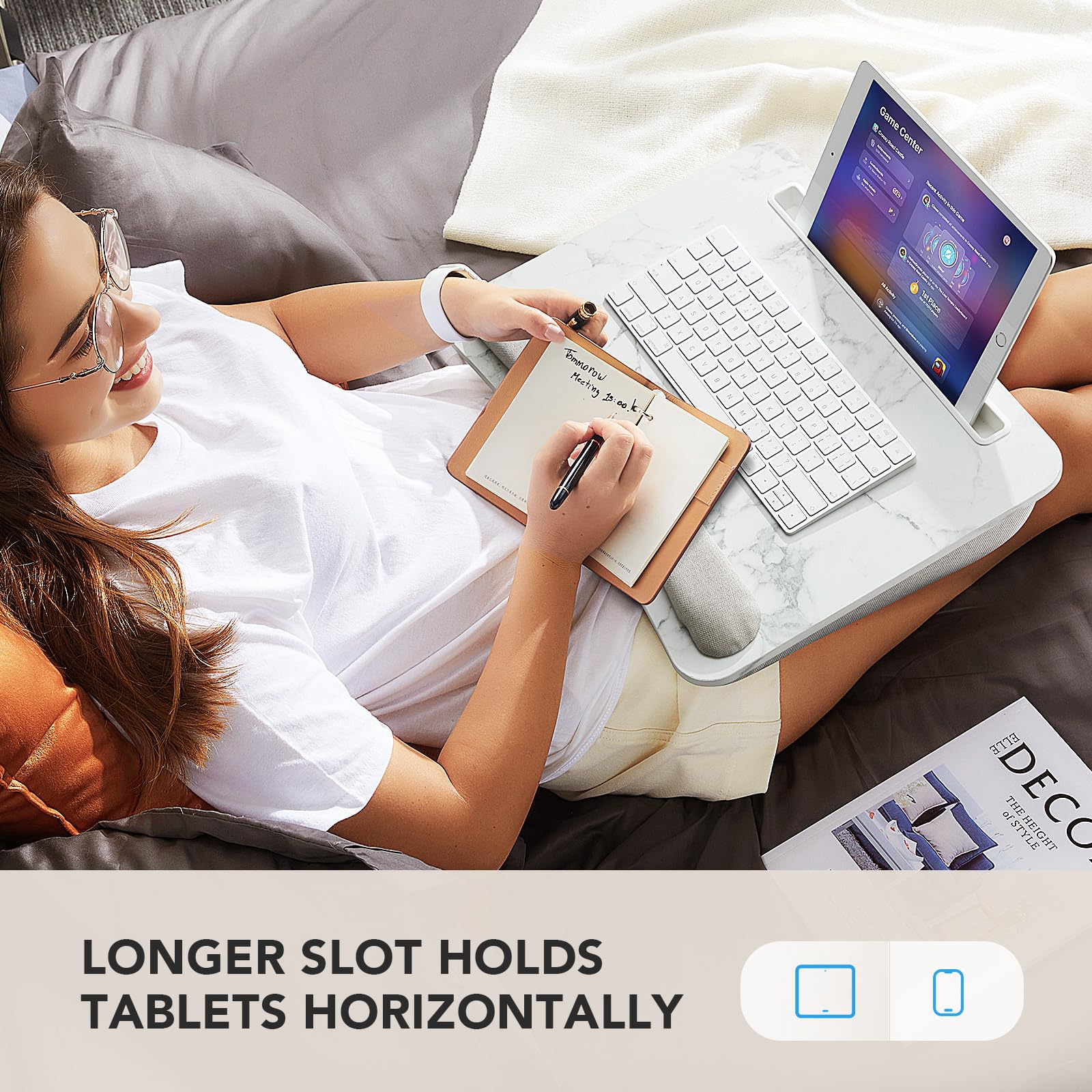 HUANUO Portable Lap Laptop Desk with Pillow Cushion - Adjustable Laptop Stand for 15.6 Inch Notebook, Anti-Slip Surface & Storage Compartment - Perfect for Home Office, Remote Work, Bed & Couch Use - Marble Design