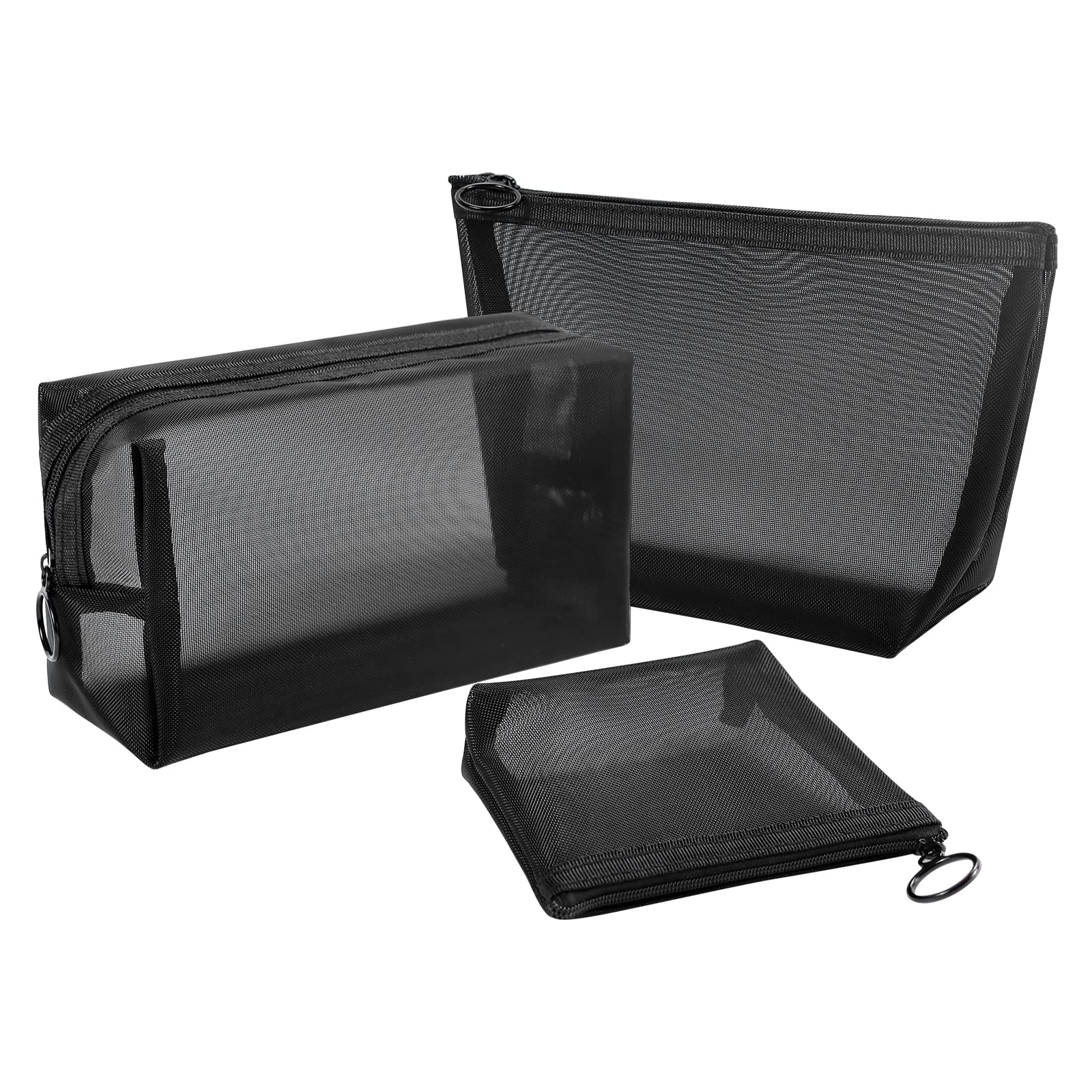 3Pcs Mesh Makeup Bags Set - Lightweight Travel Cosmetic Organizer with Zipper for Women & Men - Small Medium Large Toiletry Pouches for Home, Office, Gym & Vacation Accessories (Black) - Perfect for Makeup Brushes, Skincare Essentials & Travel Toiletries