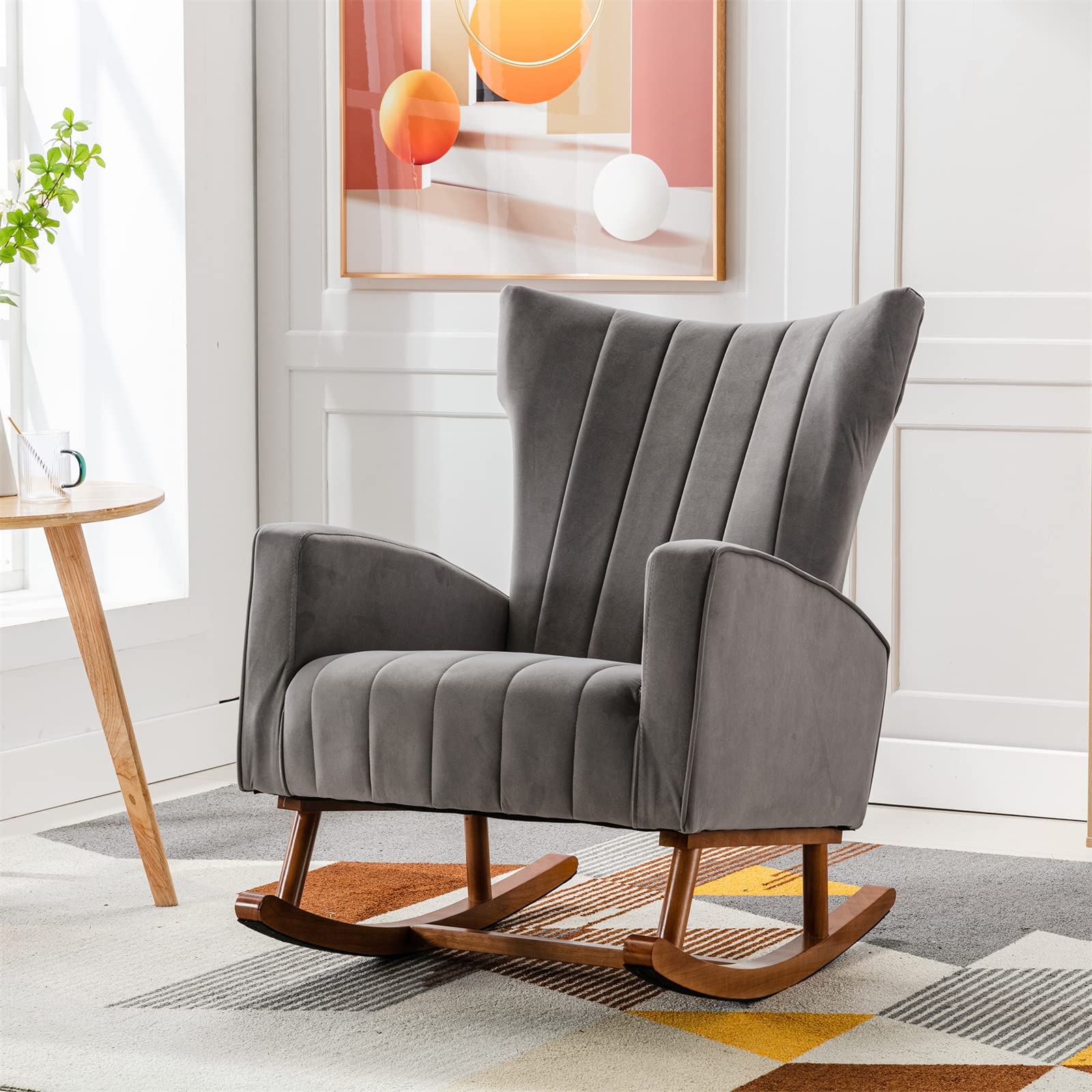 TehRecBT Rocking Chair - Upholstered Nursery Glider with Wooden Legs, High Back Comfortable Rocking Armchair for Living Room, Bedroom & Nursery - Perfect for Relaxing, Nursing & Reading (Gray)