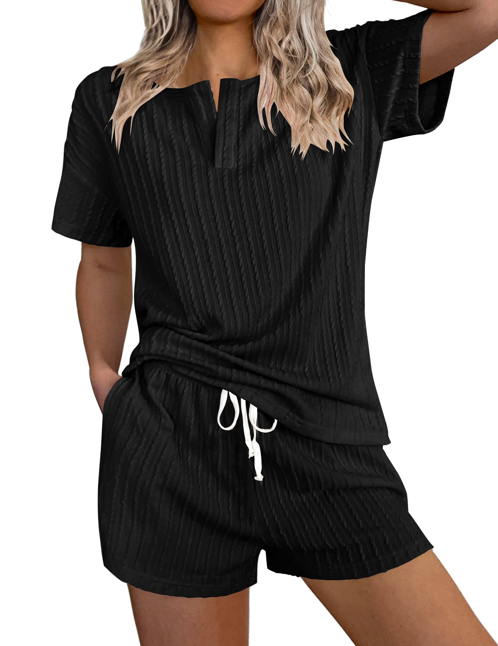 Ekouaer Women's Ribbed Knit Lounge Set - 2 Piece Short Sleeve Top & Shorts Pajama Set, Comfortable Tracksuit Sweatsuit for Sleep, Yoga & Home Relaxation