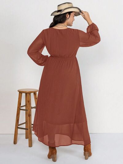 Plus Size Embroidered Tie Neck Long Sleeve Dress for Women - Elegant Floral Maxi Dress for Weddings, Parties & Special Occasions