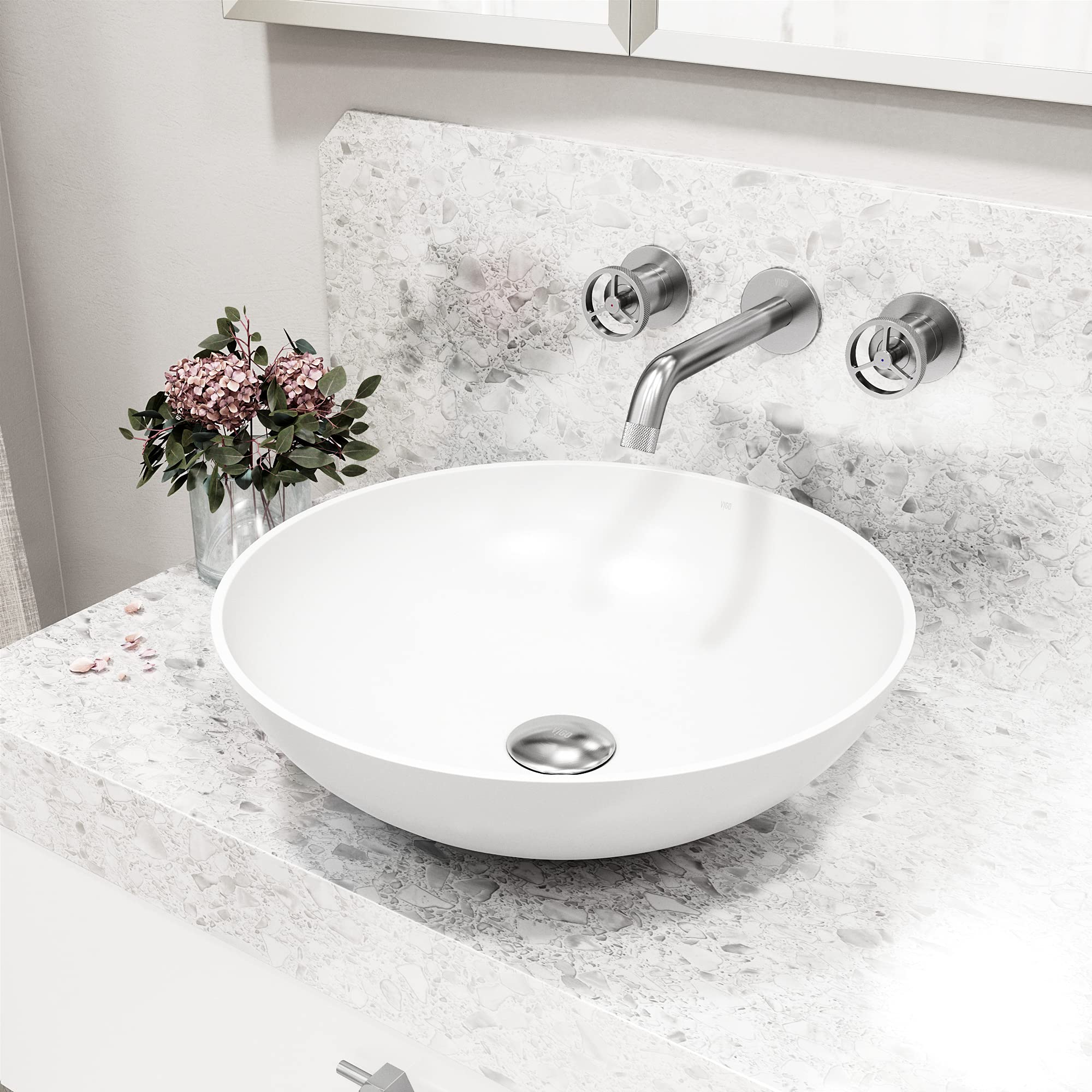 VIGO Cass Brushed Nickel Two Handle Wall Mount Bathroom Faucet - VG05007BN | Modern Bathroom Sink Faucet for Vanity & Powder Room Installation