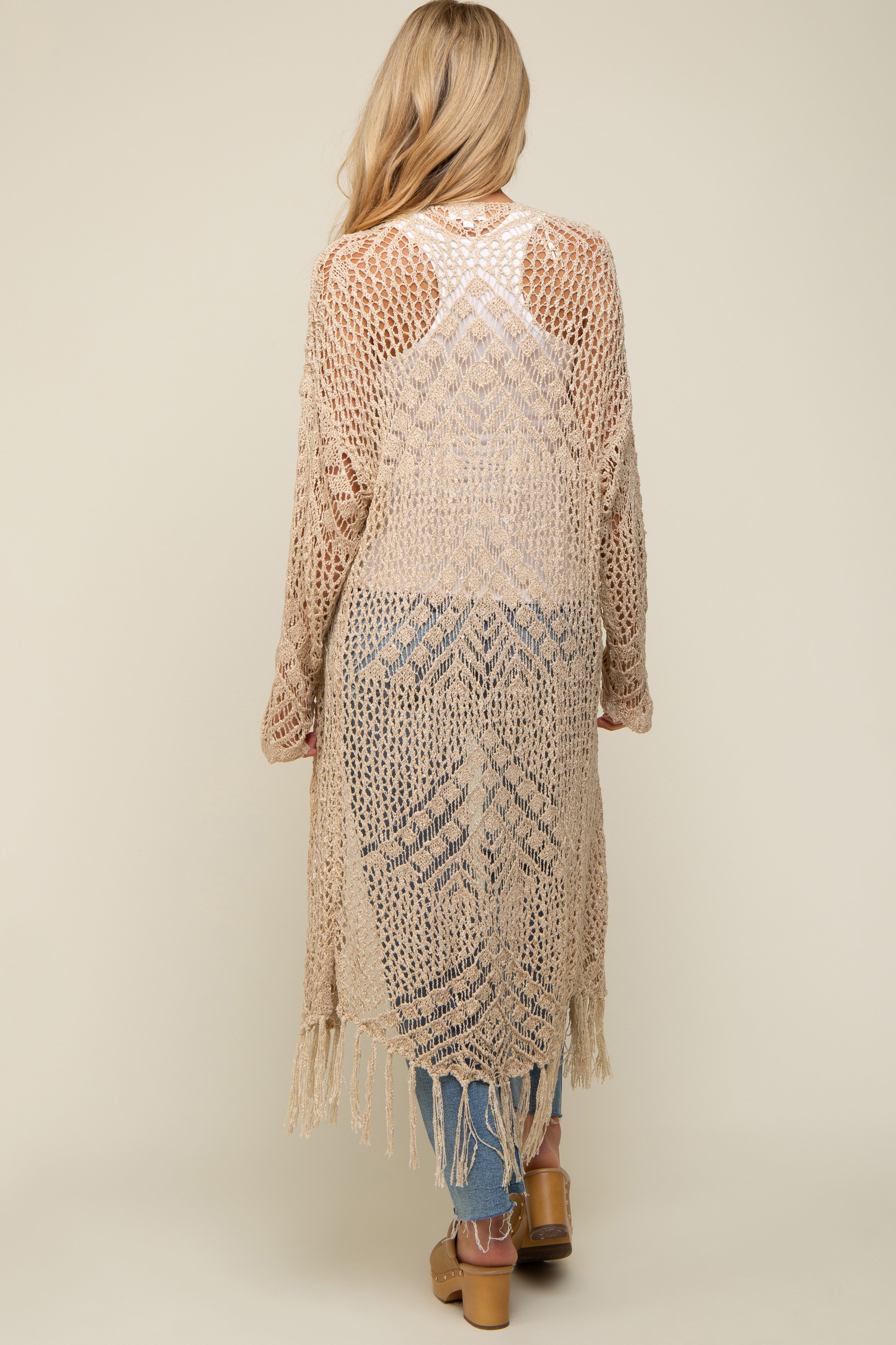 Beige Crochet Fringe Hem Maternity Cardigan - Soft Knit Open Front Sweater for Pregnancy & Nursing - Perfect for Casual Outfits, Baby Showers & Breastfeeding Comfort