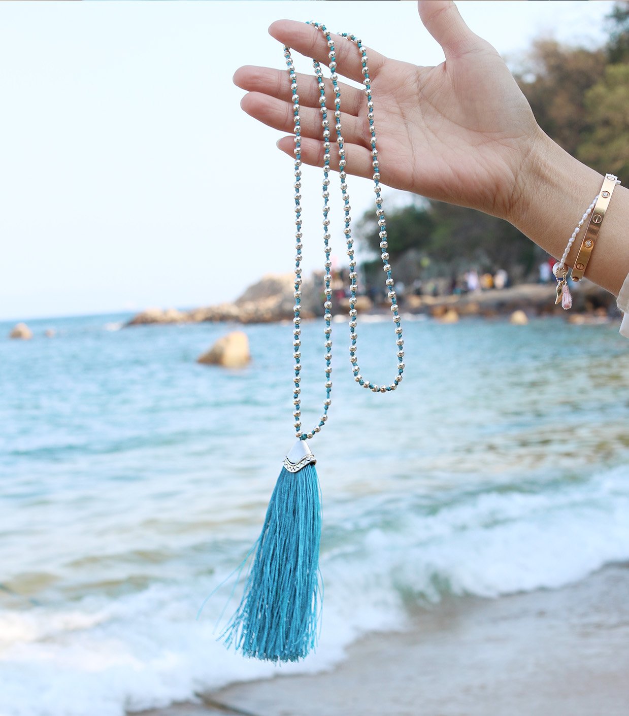 KELITCH 925 Silver Beaded Bohemian Necklace for Women with Tassel - Perfect for Boho Style, Festival, and Casual Wear