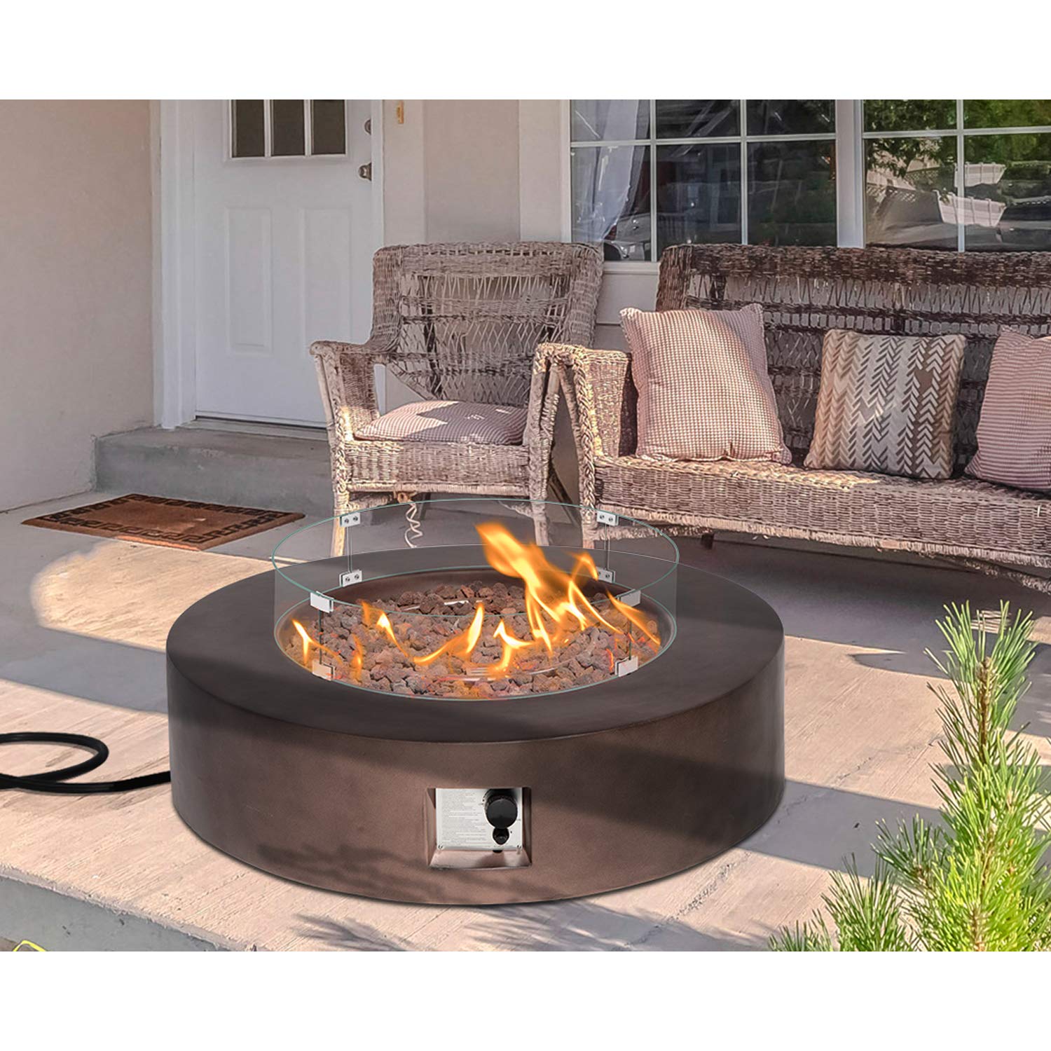 50,000 BTU 42-inch Round Bronze Concrete Propane Fire Pit Table with Wind Guard, Lava Rocks & Rain Cover - Outdoor Patio Heater for Backyard, Garden, Deck & Poolside Gatherings