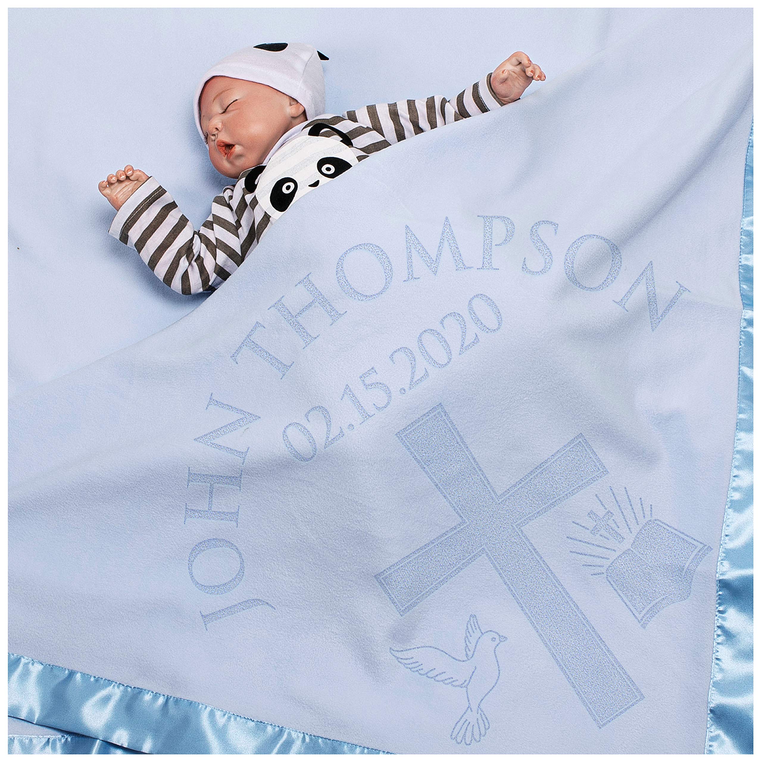Personalized Baby Blanket for Boys with Name - Large 36x36 Inch Fleece Receiving Blanket with Satin Trim - Blue Baby Boy Gift, Newborn Welcome Gift - Perfect for Nurseries, Christenings & Baby Showers | God Bless