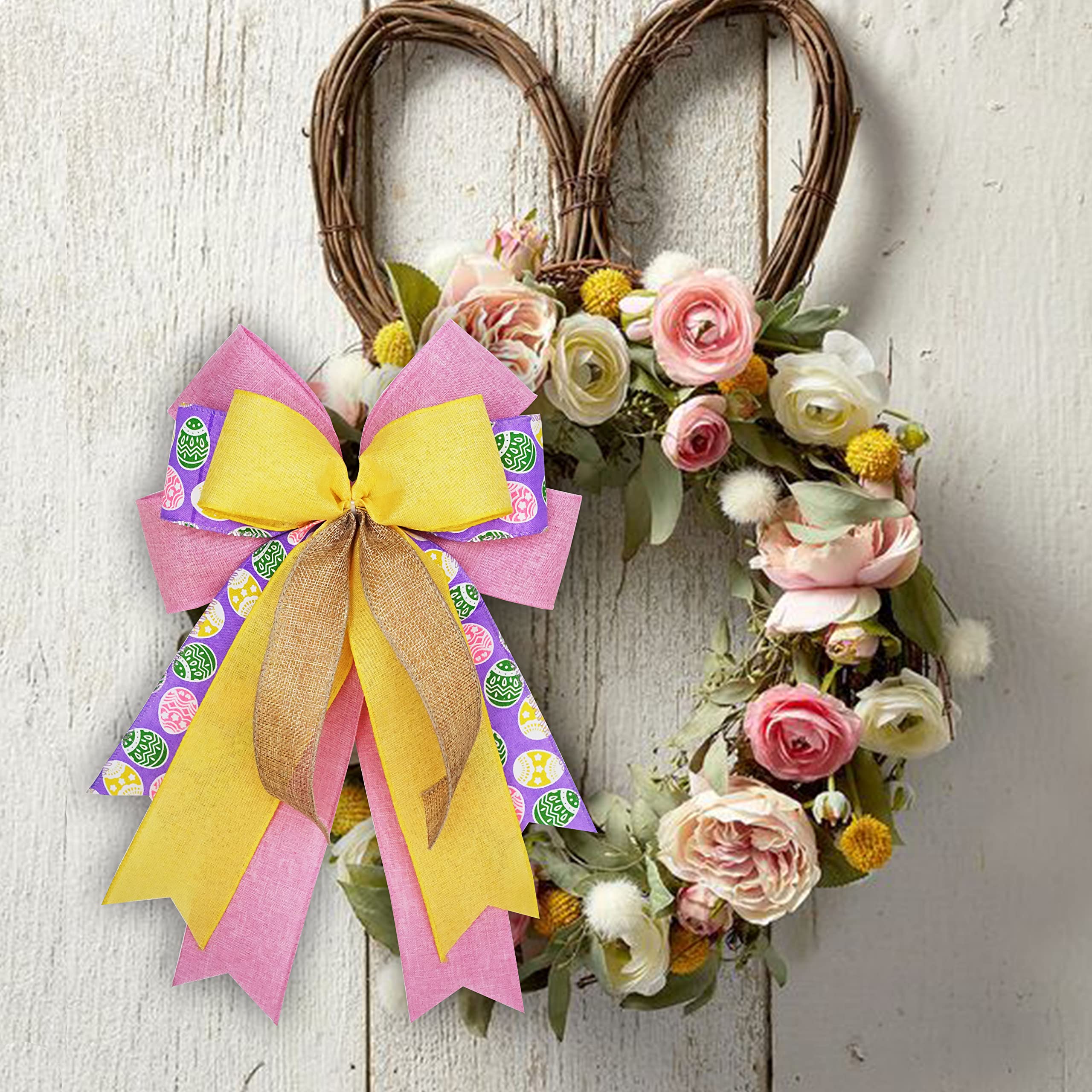 Easter Bows for Wreath - Pink, Purple & Yellow Spring Decoration Bows | Easter Lantern & Burlap Basket Bows with Easter Eggs | Perfect for Wreaths, Gift Wrapping & Home Decor