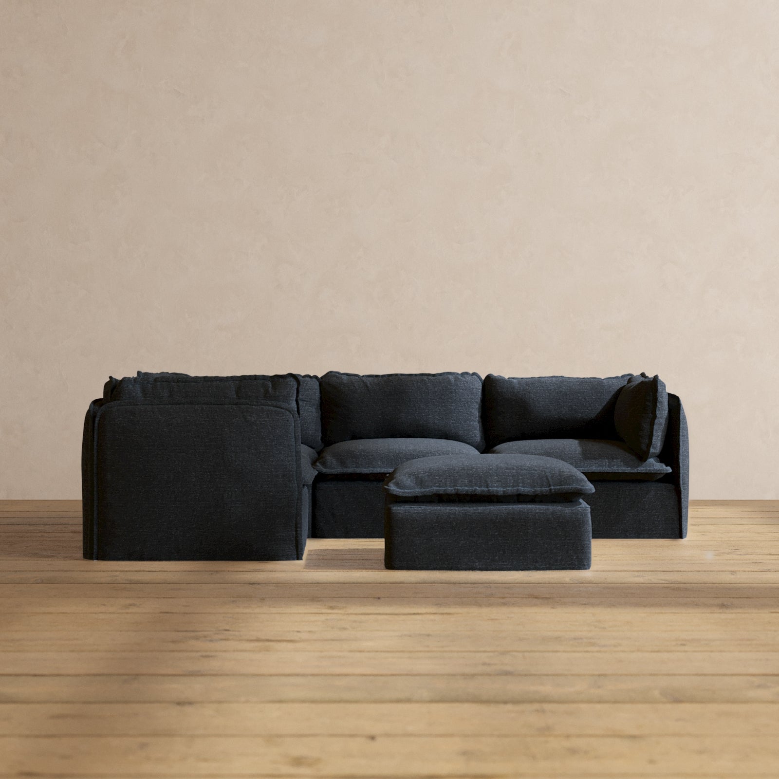 Premium Modular 4-Seater Corner Sectional Sofa with Ottoman in Indigo Blue | Luxe Fabric Blend | Perfect for Living Room, Family Room & Home Theater Seating