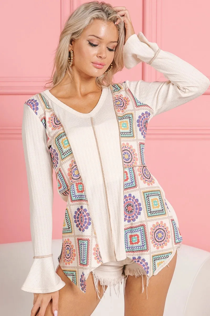BiBi Granny Square Print Contrast Annie Rib V Neck Top - Stylish Vintage-Inspired Women's Blouse for Casual Outings & Boho Fashion