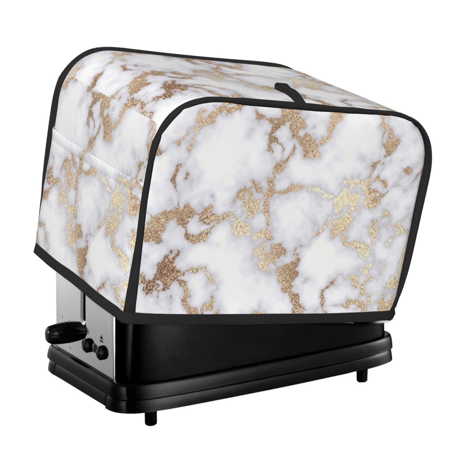 Stylish White Gold Foil Marble Toaster Cover with Pockets - Quilted Polyester 2-Slice Toaster Dust Cover for Kitchen Appliances, Microwave & Small Electronics - Perfect for Home Decor & Women's Gifts (Fingerprint Protection & Dustproof)