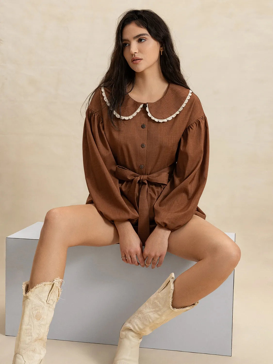 Peter Pan Collar Balloon Sleeve Blouse & Shorts Set - Vintage Inspired Women's Outfit for Casual Wear, Summer Picnics & Date Nights