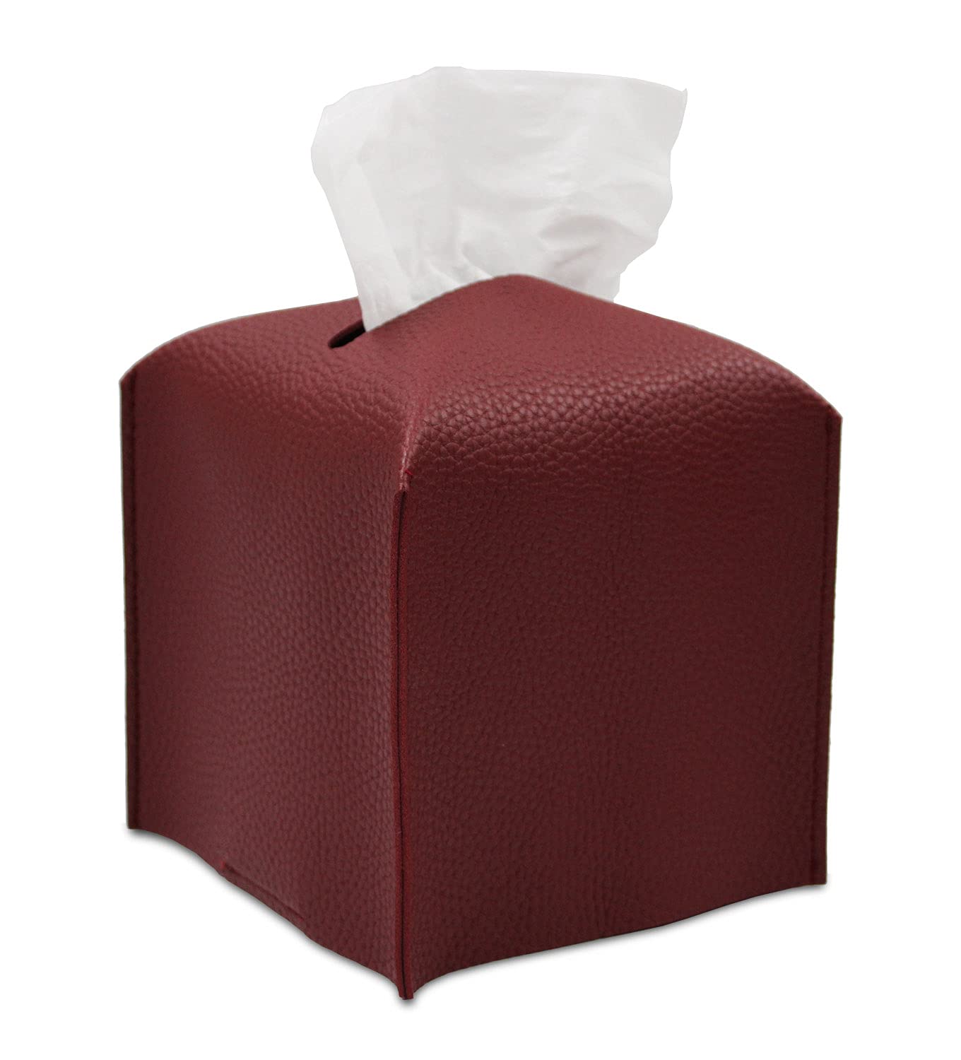 Livelab Modern PU Leather Tissue Box Cover Holder - 5x5x5 Inch Square Decorative Facial Tissue Case for Bathroom, Vanity, Office Desk & Car | Wine Red | Stylish Home & Car Accessory