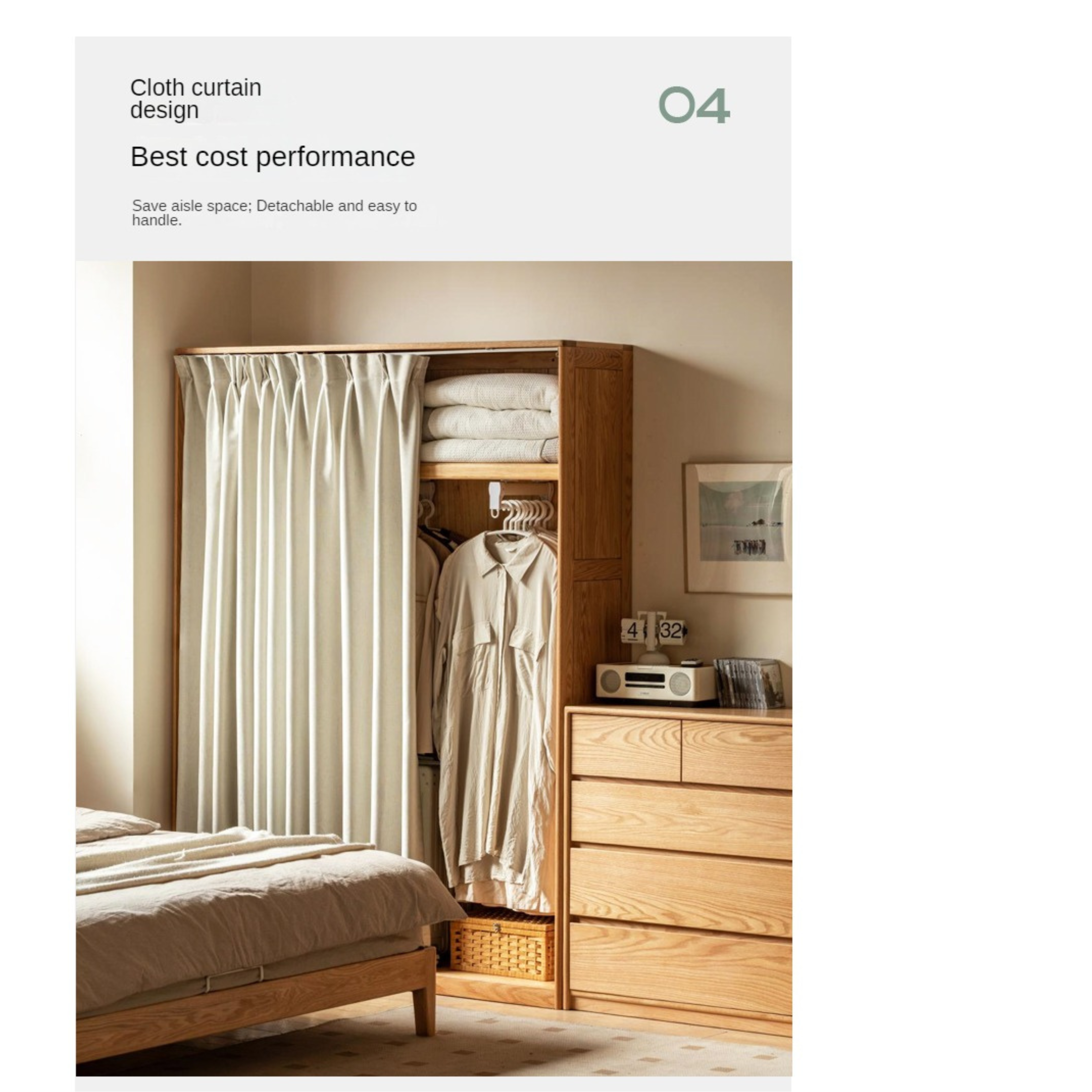 Solid Oak Wood Wardrobe with Thin Fabric Curtain - Stylish Closet Organizer for Bedroom, Living Room & Dorm Storage