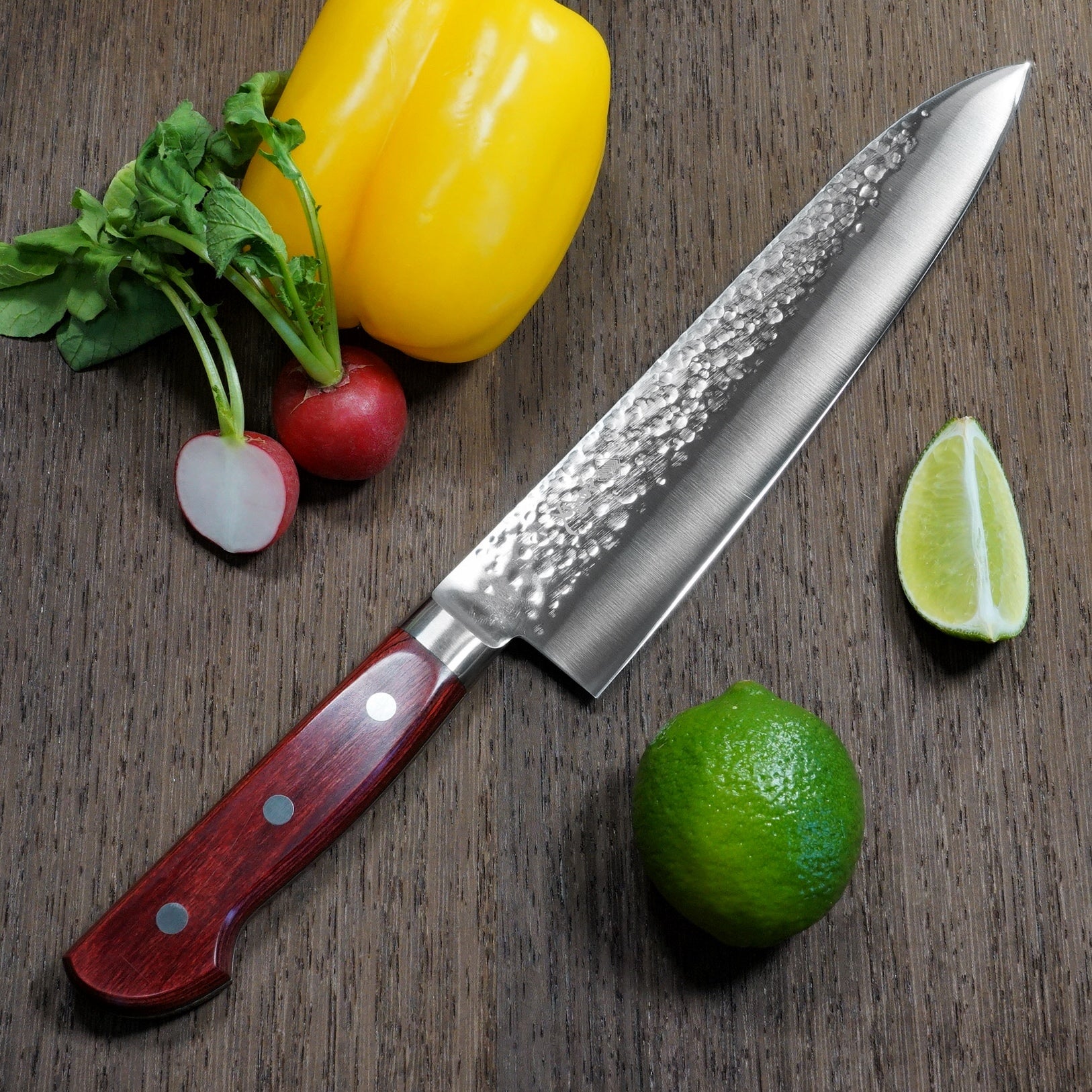 Premium Kanjo Hammered MV Steel Gyuto Chef Knife 210mm with Bolster - Japanese Kitchen Knife for Professional Chefs & Home Cooking - Perfect for Slicing, Dicing & Chopping Vegetables, Meat & Fish