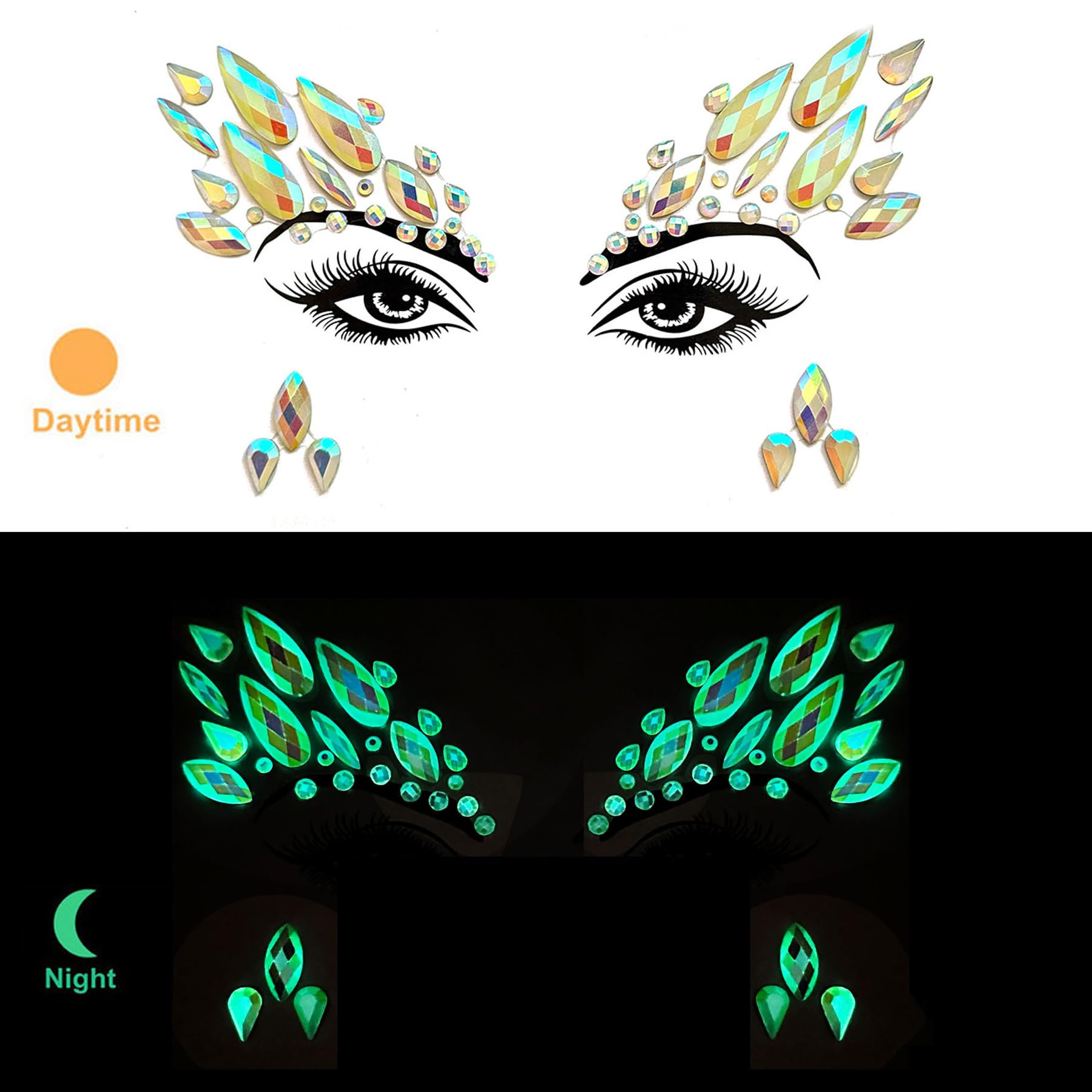 Face Gems 4 Sheet - Self-Adhesive Rhinestone Stickers for Women | Luminous Crystal Face Jewels for Carnival, Music Festival & Rave Parties | Temporary Tattoo & Party Accessories (Glow in Dark) - Perfect for Halloween, Cosplay & Night Events