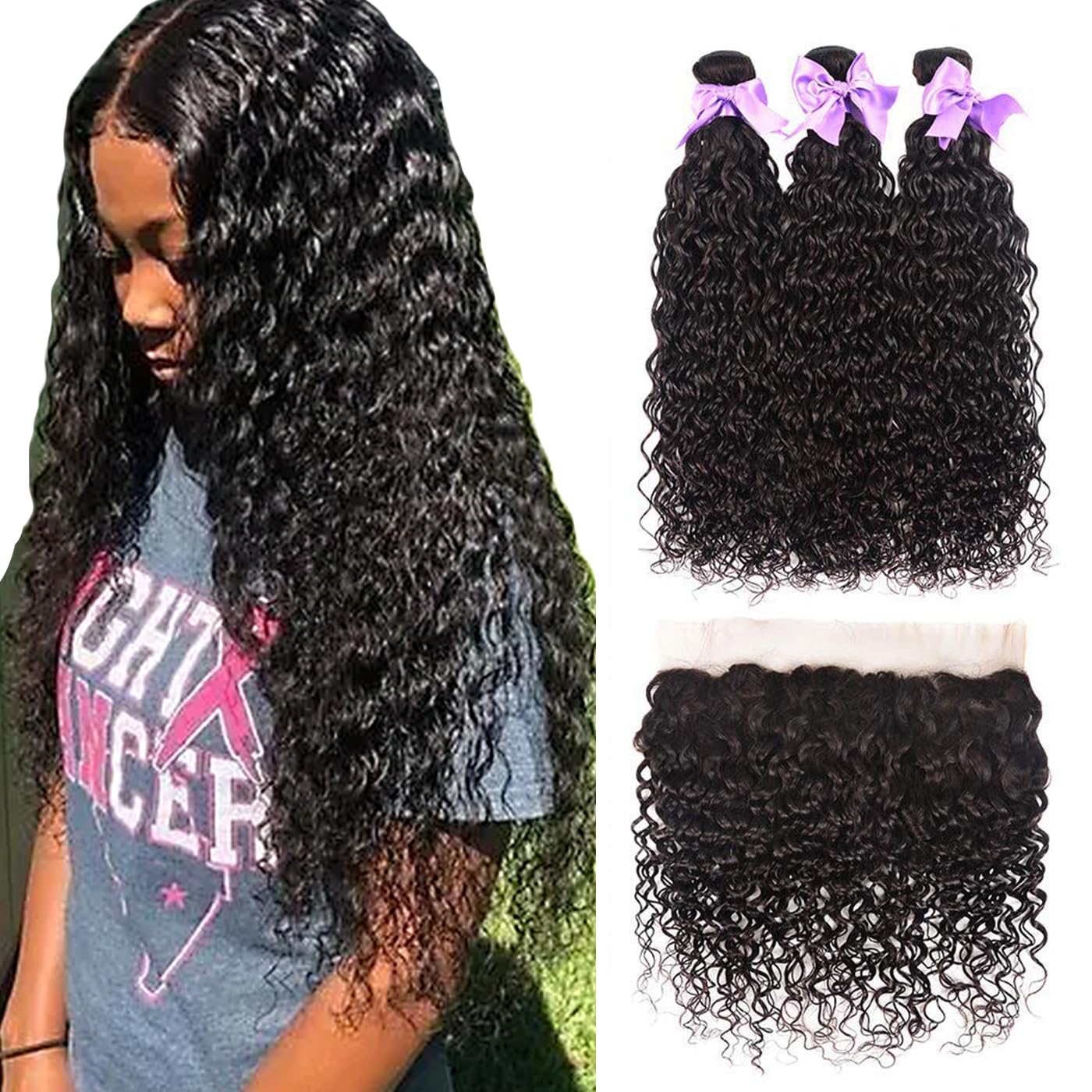 100% Virgin Brazilian Human Hair Extensions - 3 Bundles Water Wave with 13x4 Lace Frontal (14
