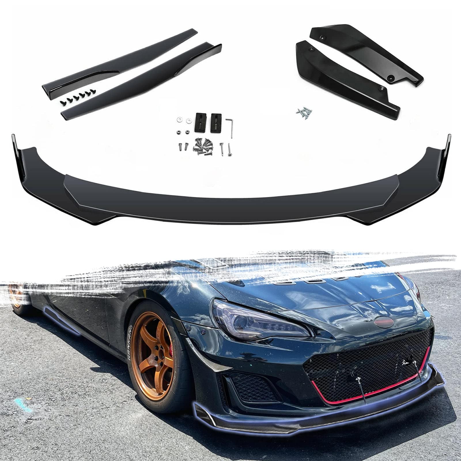 Xotic Tech Front Bumper Lip Spoiler + Side Skirt Splitter + Rear Bumper Lip Wrap Splitter Canard for Subaru BRZ Impreza WRX STI - Black - Enhance Aerodynamics & Style for Street Racing & Car Shows