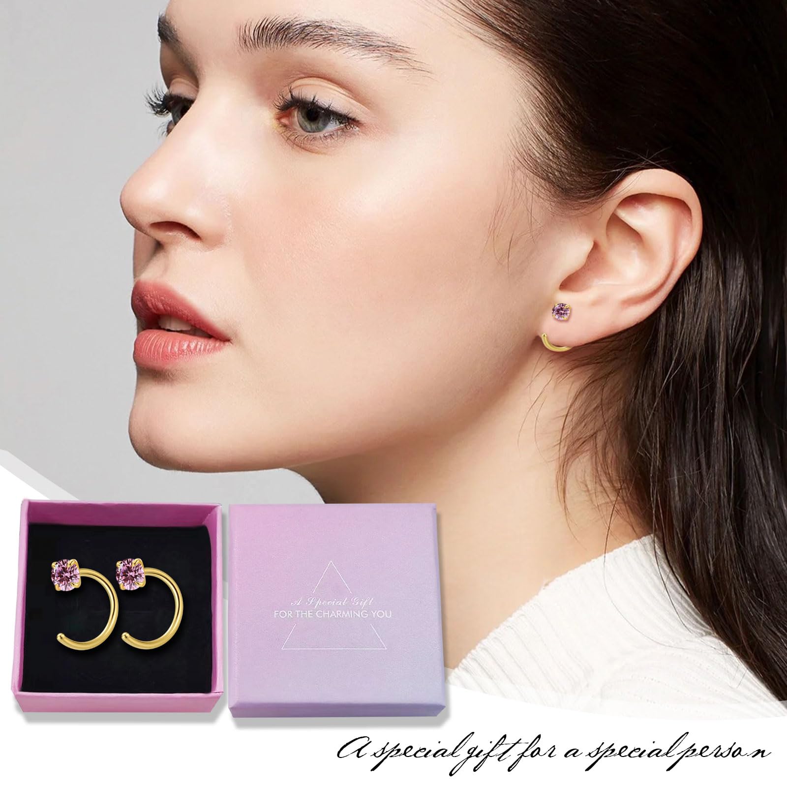 14K Gold Small Hoop Earrings for Women - Tiny Cubic Zirconia Huggie Half Hoop Earrings | Hypoallergenic Trendy Jewelry | Perfect for Christmas, Birthday, Wedding & Everyday Wear (White)