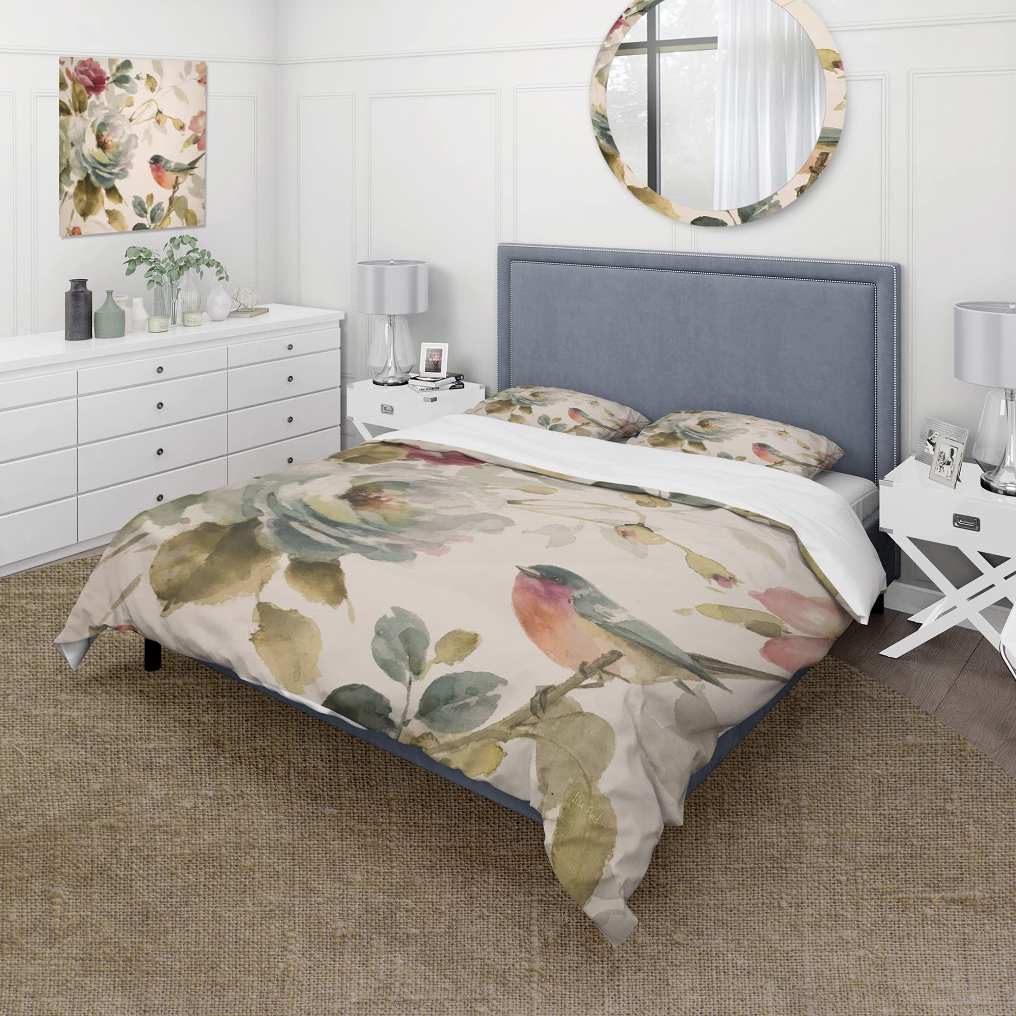 Traditional Multi-Color Bird Romance Duvet Cover Set King Size - 3 Piece Cottage Style Bedding for All Seasons | Perfect for Master Bedroom, Guest Room & Cozy Farmhouse Decor