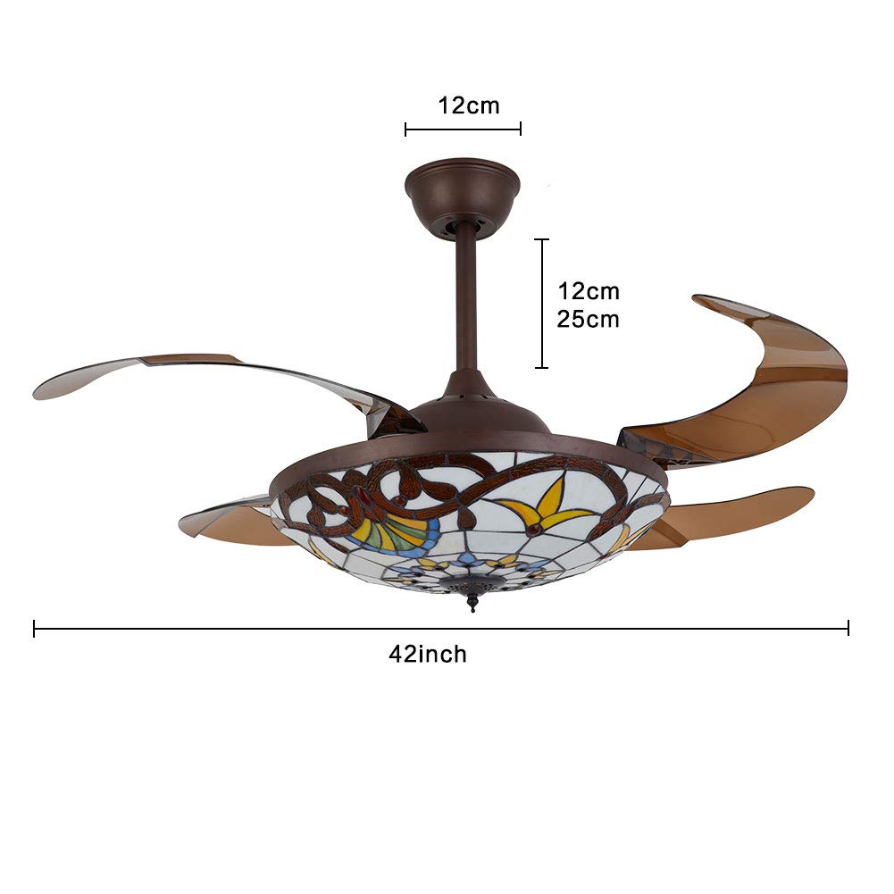 42 Inch Tiffany Style Ceiling Fan with LED Light and Remote Control - 3 Speed Adjustable, Retractable Blades - Perfect for Living Room, Bedroom, and Dining Room