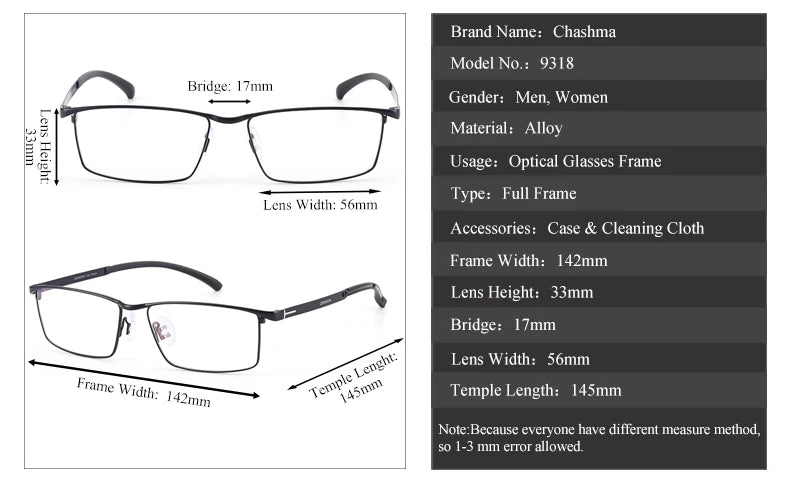 Men's Titanium Alloy Square Full Rim Eyeglasses 49318 - Lightweight Durable Frame for Work, Reading & Fashion