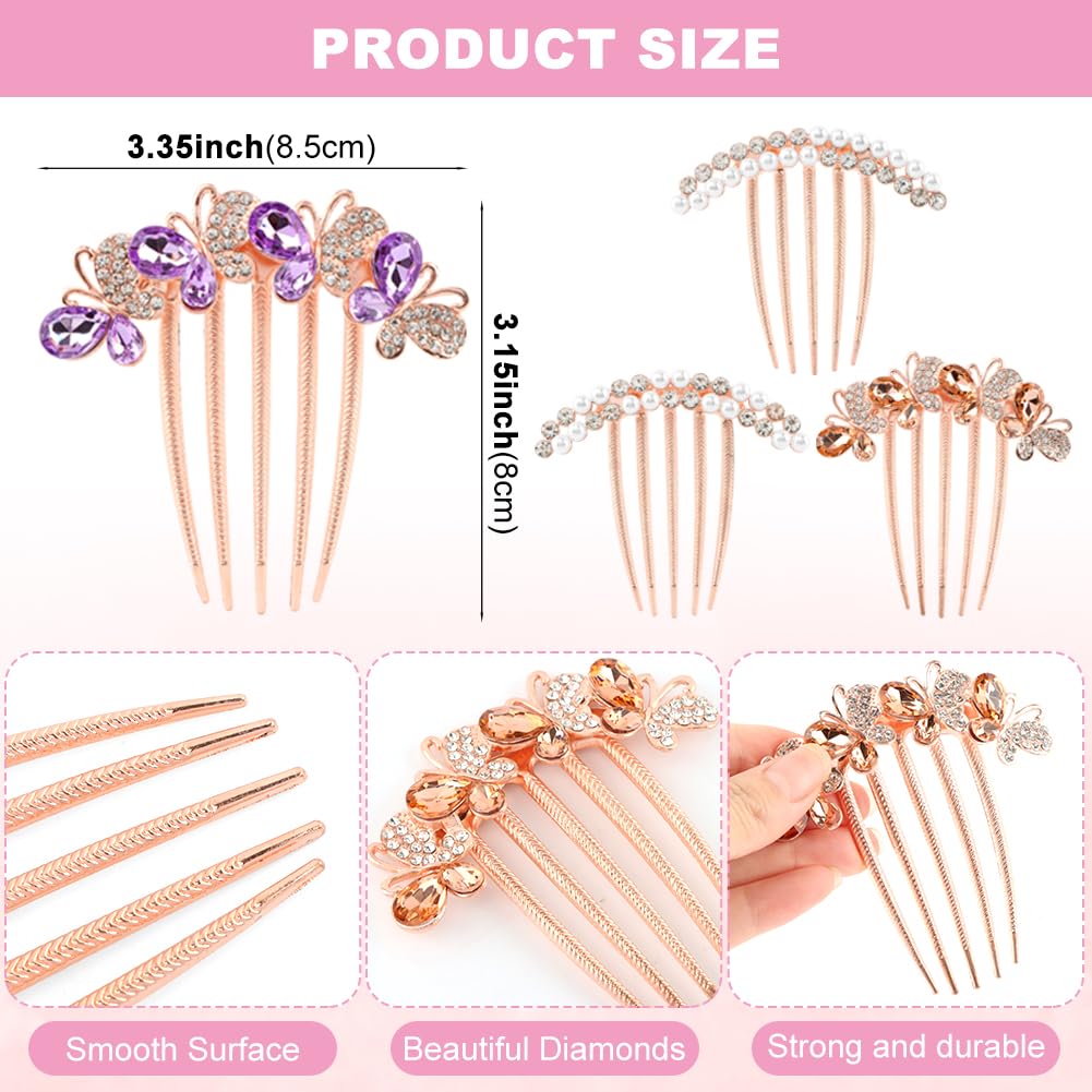 4 Pcs Pearl Rhinestone Hair Combs for Women - Rose Gold Wedding & Party Hair Accessories with Crystal Decorations - Perfect for Bridal, Prom, and Everyday Styling