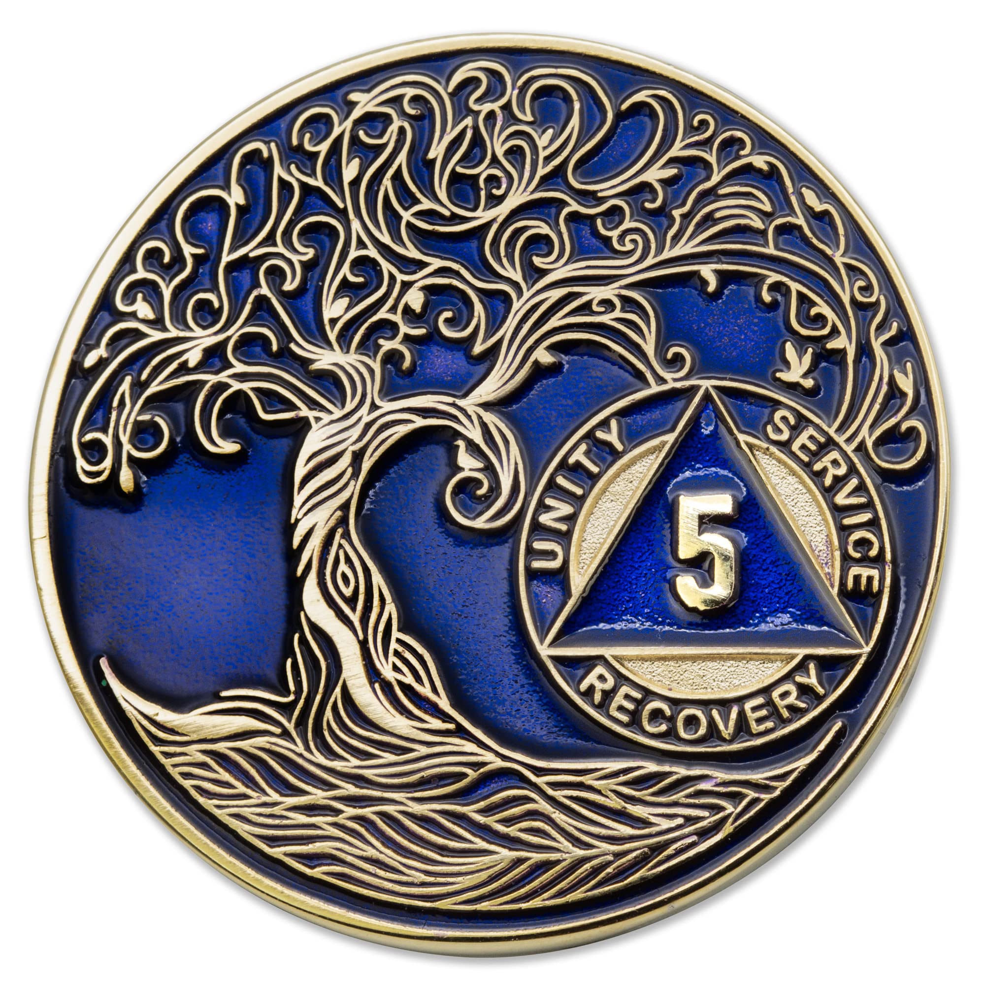 5 Year AA Medallion Twisted Tree of Life Gold Plated AA Recovery Chip - Translucent Blue Sobriety Token for Alcoholics Anonymous, Inspirational Gift for Addiction Recovery & 12 Step Programs - Perfect for Meetings, Milestones and Spiritual Support