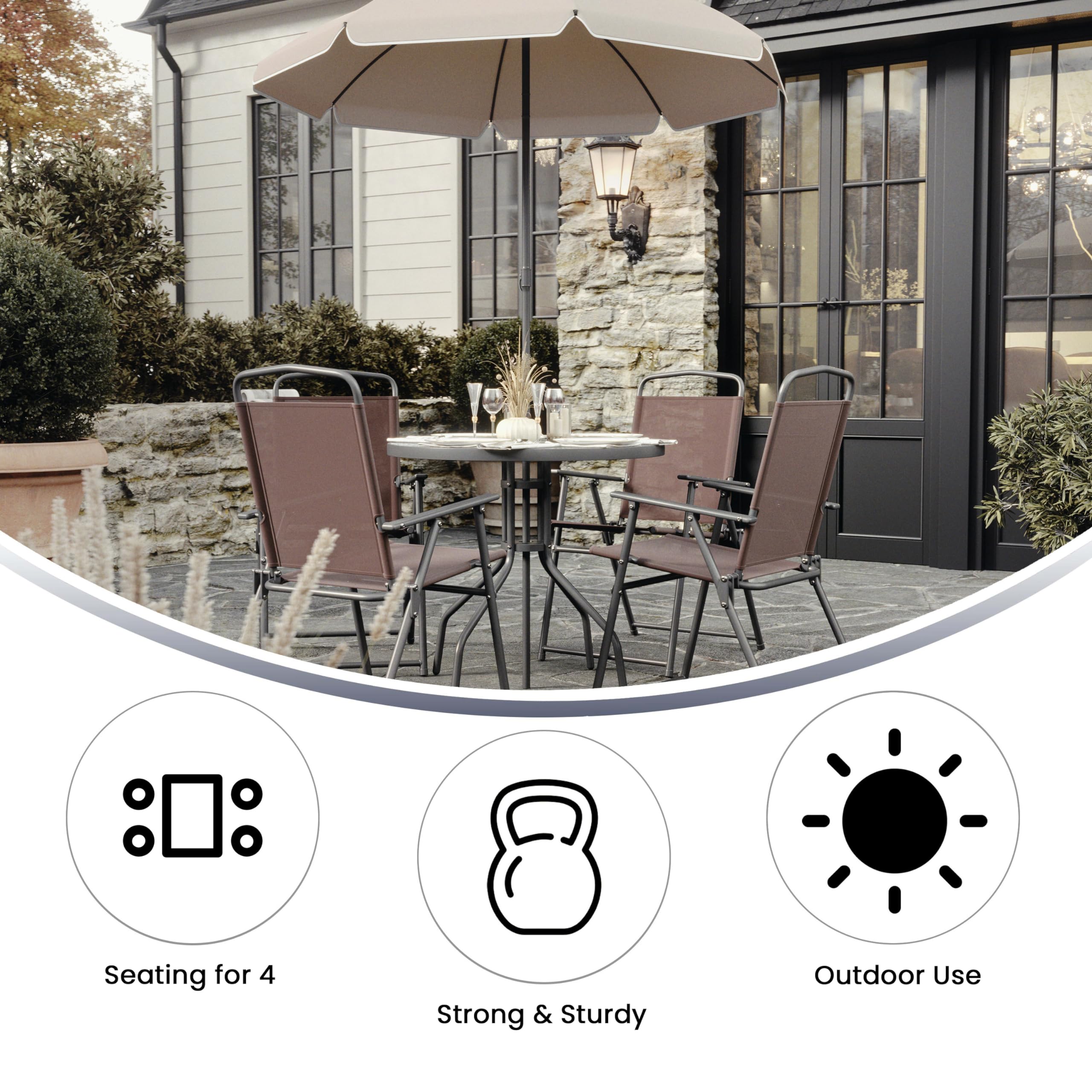 Flash Furniture Nantucket 6-Piece Outdoor Patio Dining Set with Glass Table, 4 Folding Chairs & Umbrella - Brown Rattan Wicker Furniture for Backyard, Garden, Poolside & Deck Dining