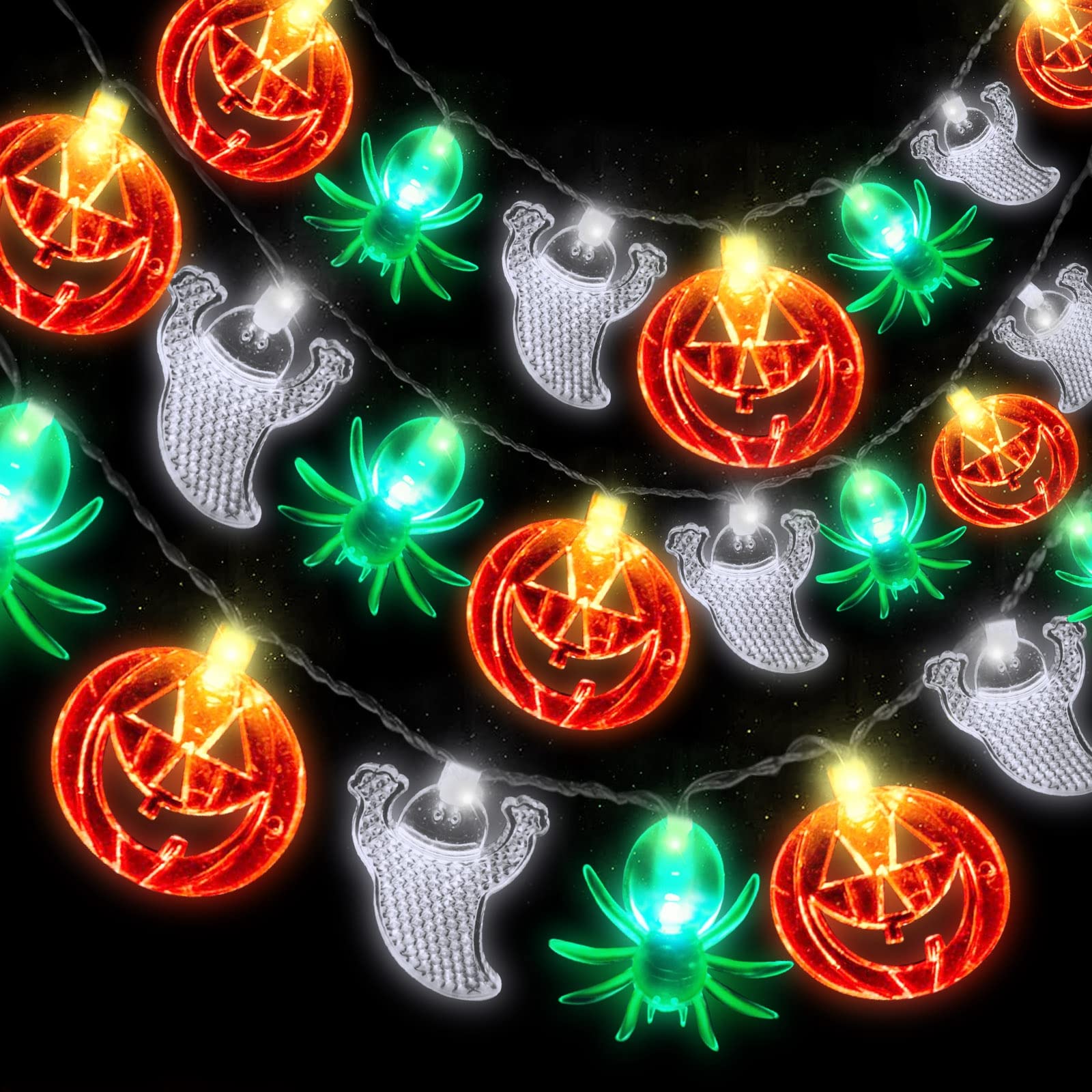90 LED Halloween String Lights - 3 Pack (30ft Total) Battery Operated Indoor/Outdoor Decorations with Pumpkin, Ghost & Spider Designs - Perfect for Porch, Yard, Party & Haunted House Decor