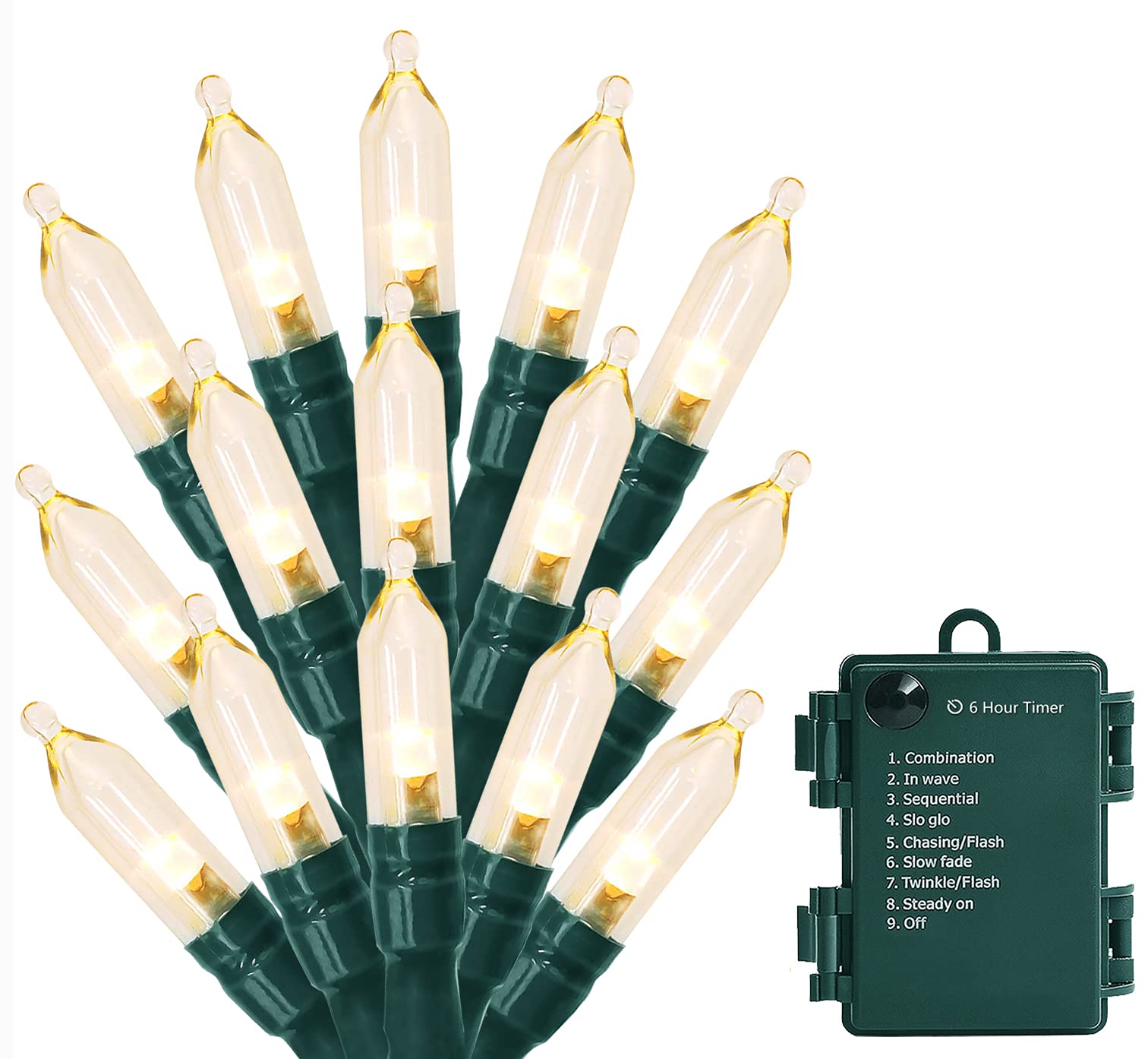 100 LED Battery Operated Christmas String Lights - 33ft Green Wire with Auto Timer & 8 Modes - Waterproof Outdoor/Indoor Decor - Warm White - Perfect for Holiday Tree, Patio, Garden, and Home Decoration