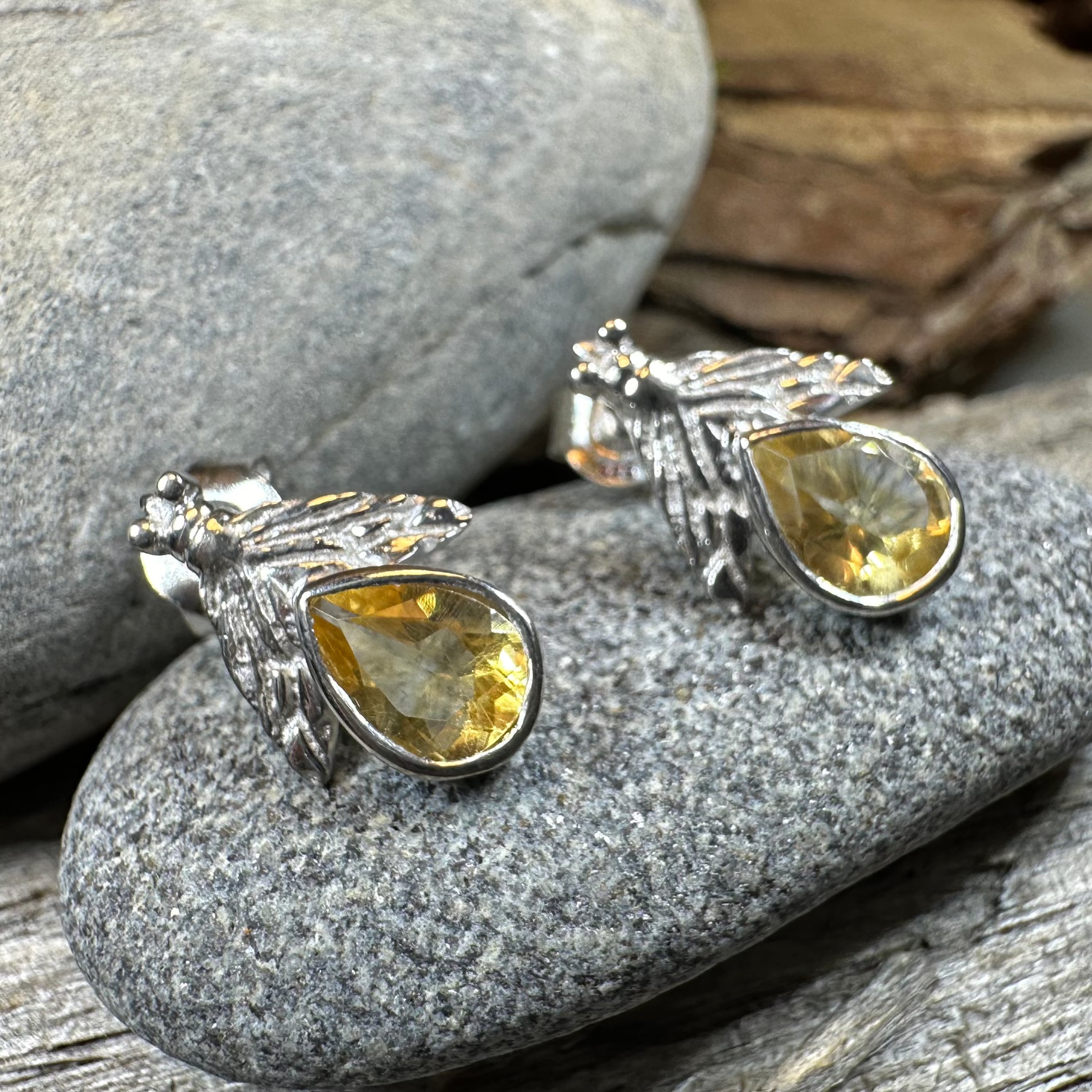 Natural Citrine Bee Stud Earrings for Women - 14K Gold Plated Handmade Jewelry - Perfect for Everyday Wear & Gift Giving