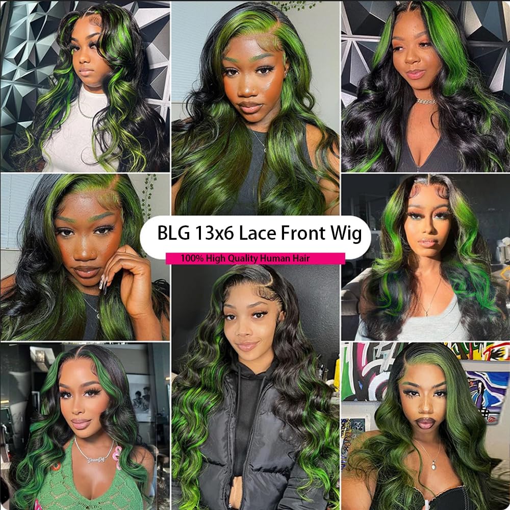 BLG 180% Density Green Human Hair Wig - 13x6 Lace Front Wig with Baby Hair, Pre-Plucked Body Wave Virgin Hair, 26 Inch Black & Green Colored Lace Frontal Wig for Cosplay, Halloween, Fashion Shows and Daily Wear