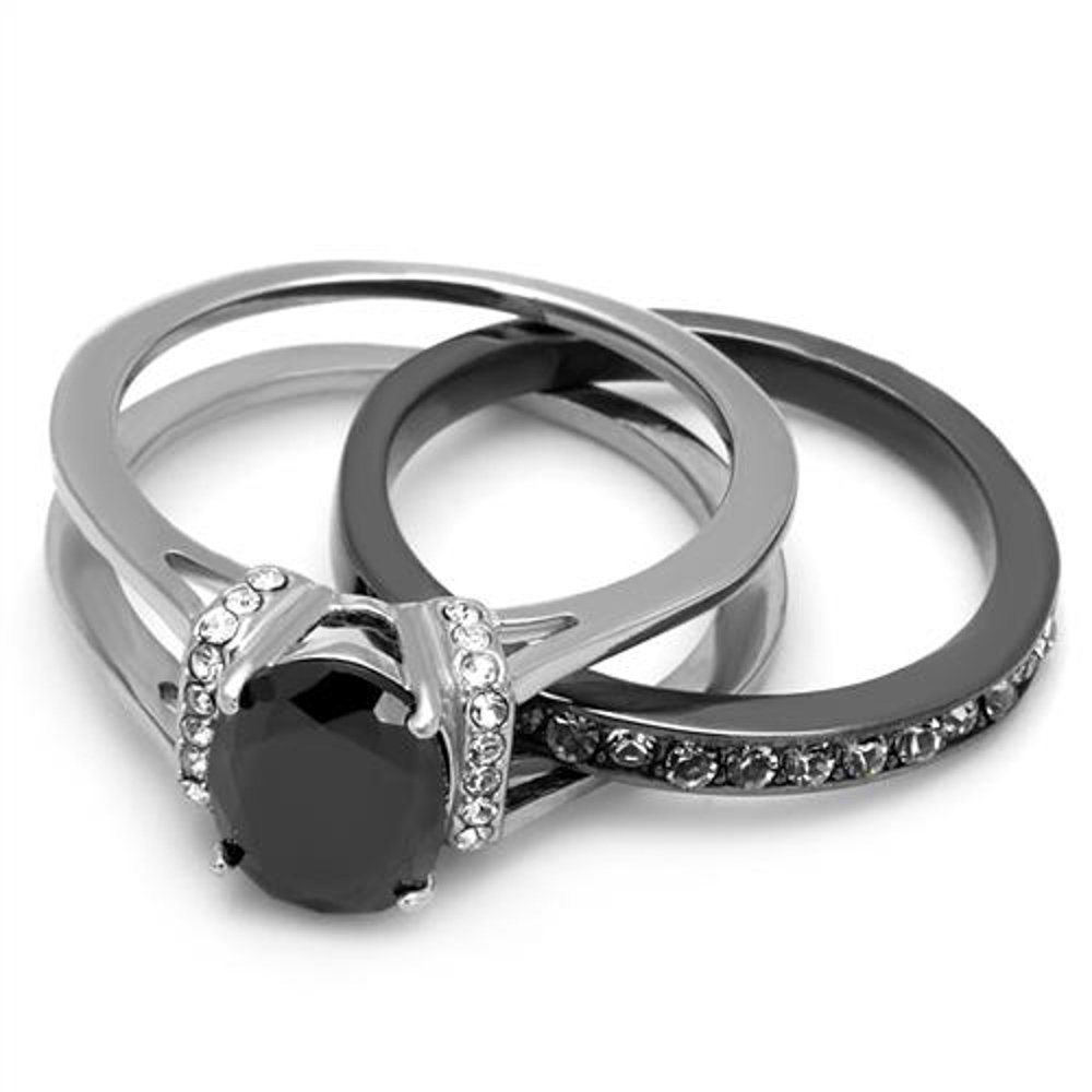Black Cubic Zirconia Wedding Rings Set - His & Hers Stainless Steel & Titanium Bands for Engagement & Anniversary
