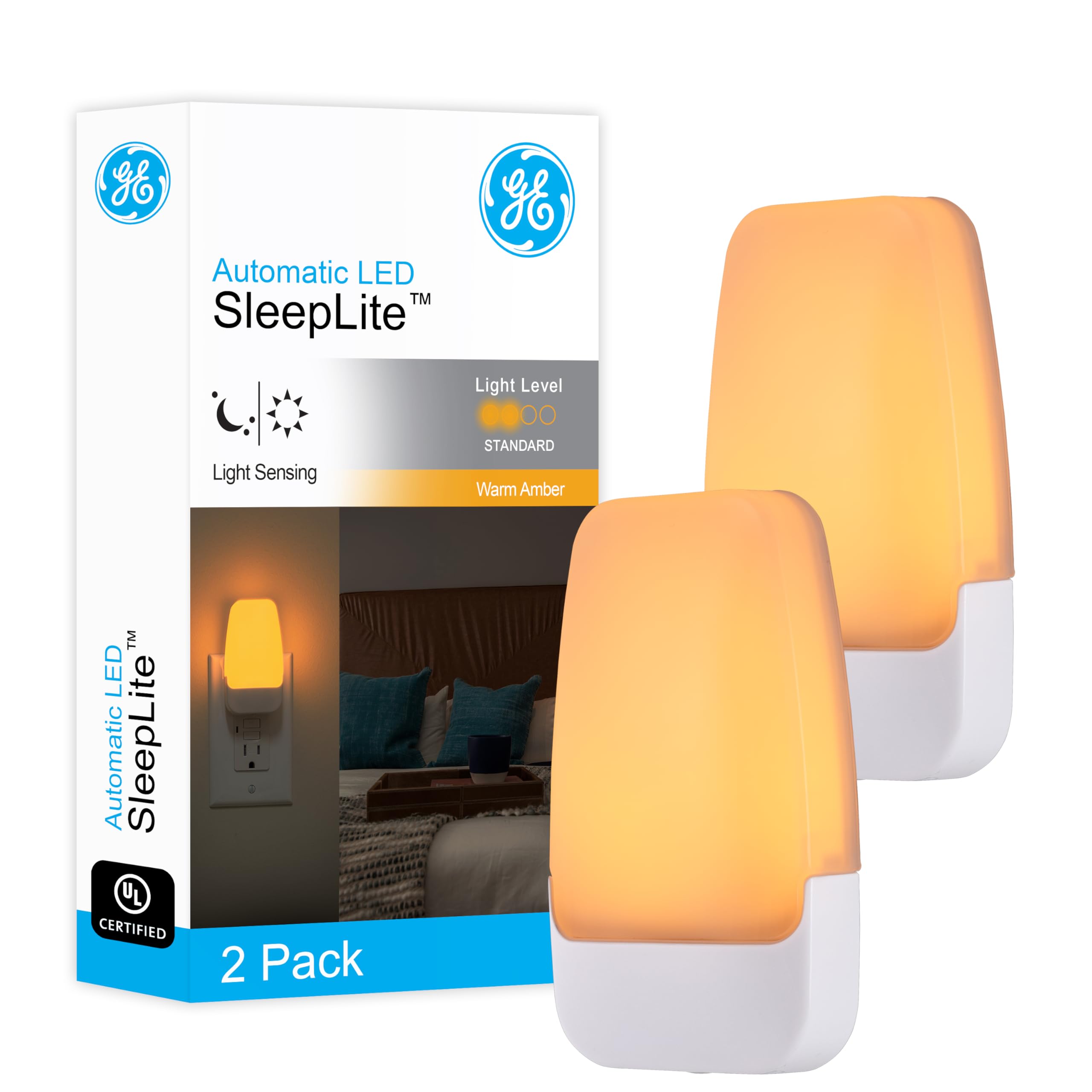 GE LED Night Light Plug-in with Dusk to Dawn Sensor, Amber Sleep Light for Bedroom, Bathroom, Nursery - 2 Pack | Energy Efficient Ambient Lighting for Kids & Adults | Perfect for Hallways, Kitchens & Safe Nighttime Navigation