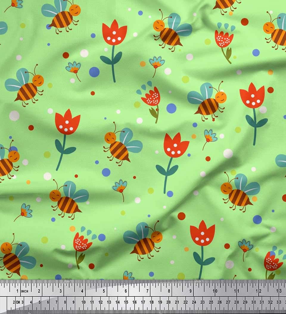 Soimoi Cotton Poplin Fabric - Green Floral Honey Bee Print for DIY & Sewing