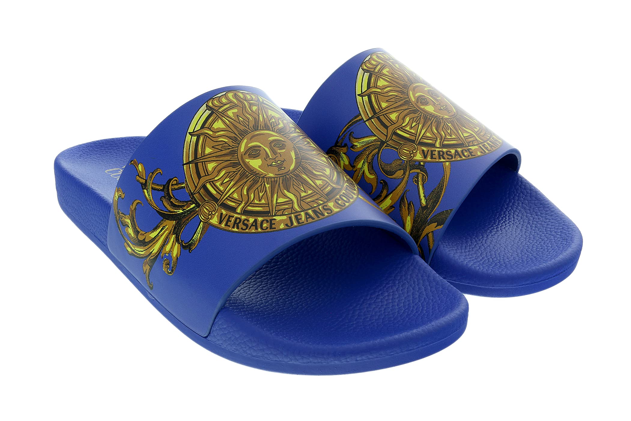 Versace Jeans Couture Electric Blue Baroque Print Wide Strap Sandals for Men | Luxury Designer Slide Sandals | Perfect for Summer, Beach & Casual Outfits