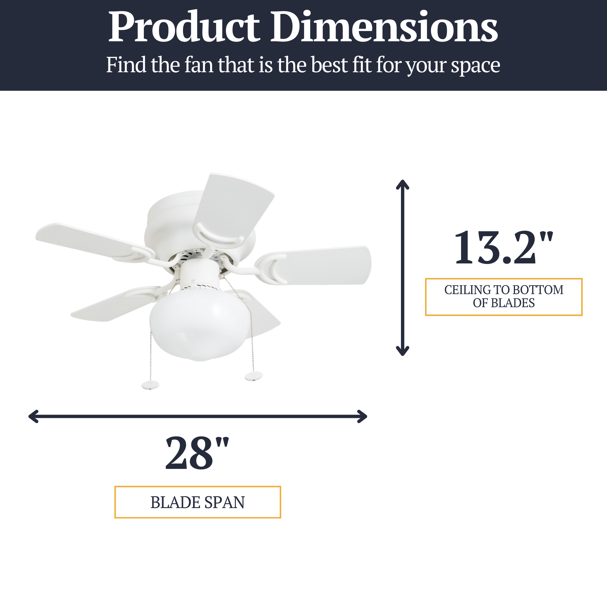 28 Inch White Ceiling Fan with Pull Chain - Hero Series | Perfect for Living Room, Bedroom & Office Cooling