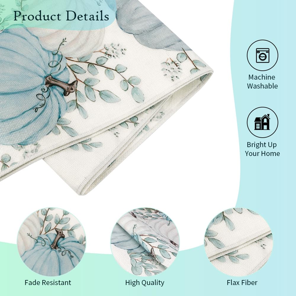 Blue Pumpkin & Eucalyptus Leaves Fall Table Runner - 13x72 Inch Thanksgiving & Autumn Home Decor for Holiday Kitchen & Dining Table - Perfect for Seasonal Gatherings & Festive Dinner Parties