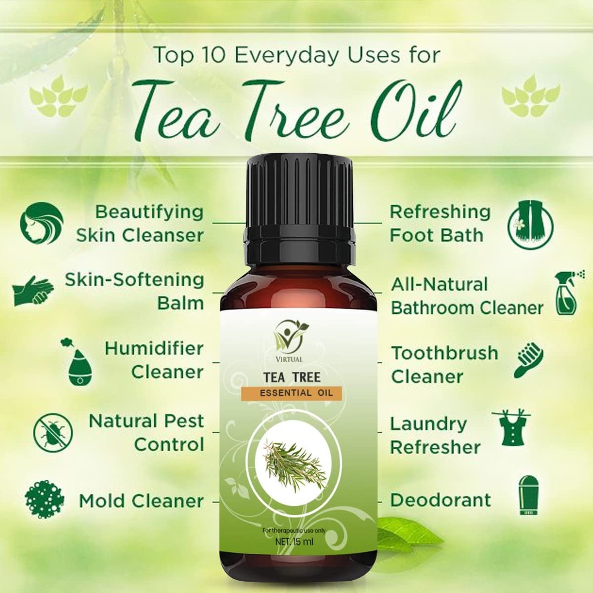 VIRTUAL 100% Pure Tea Tree Essential Oil for Acne Treatment, Pimple & Scar Removal, Skin & Hair Care - 15ml | Natural Anti-Dandruff Solution for Face & Scalp | Perfect for Aromatherapy, DIY Beauty Products & Home Remedies