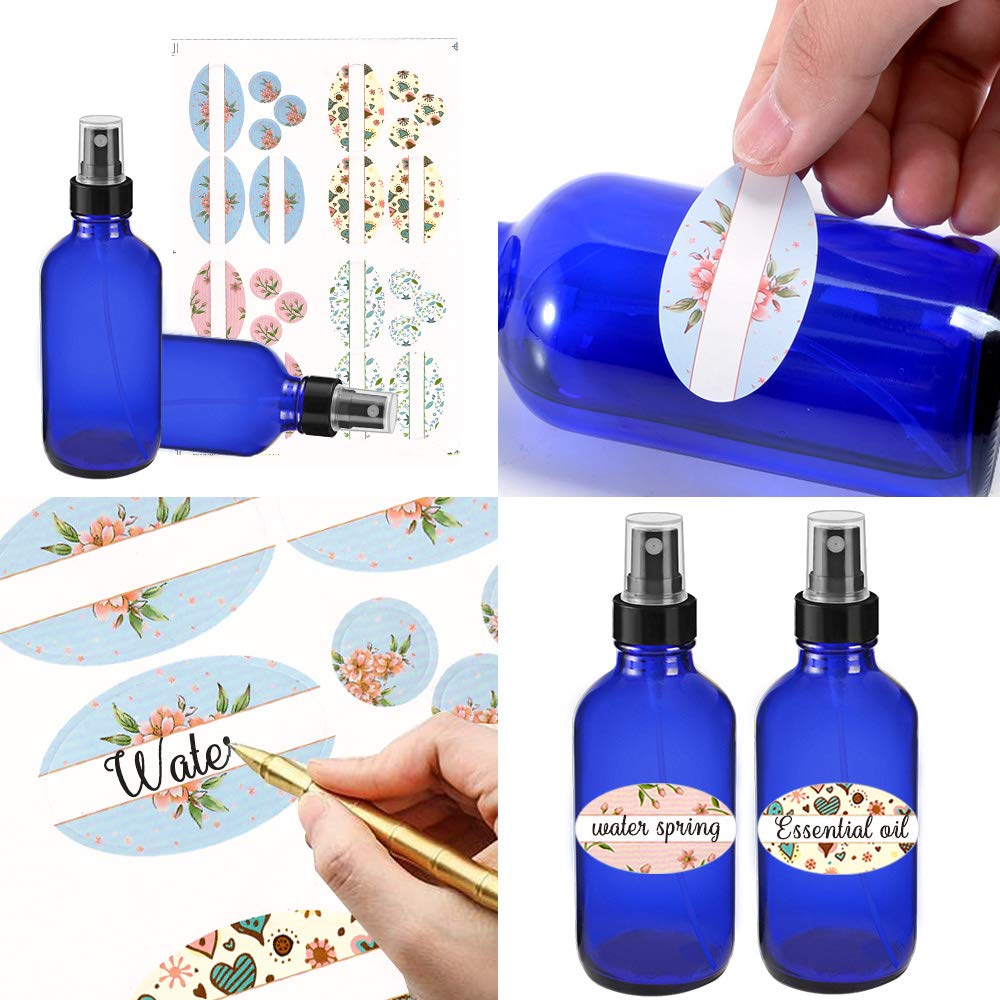 STARSIDE 12 Pack 120ml (4oz) Blue Glass Spray Bottles with Fine Mist Sprayer & Dust Cap - Essential Oil Bottles, Perfume Atomizers, Cleaning Solution Containers - Includes 1 Brush, 2 Funnels, 2 Droppers & 18 Labels - Perfect for DIY Beauty, Aromatherapy & Home Cleaning