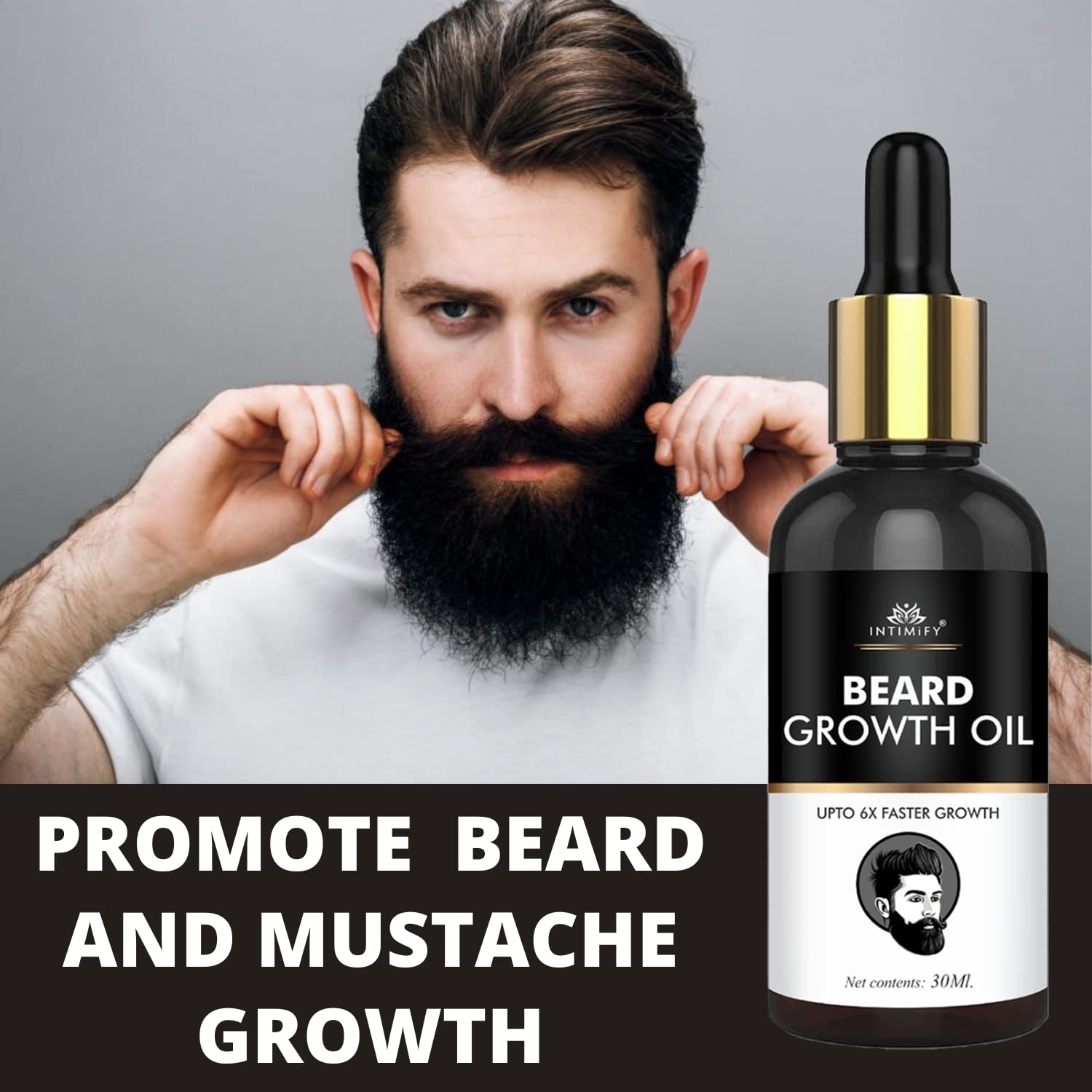 INTIMIFY Beard Growth Oil for Men - Natural Mustache & Beard Enhancer with Almond, Avocado, Argan & Jojoba Oils (30ml) - Promotes Thicker, Fuller Facial Hair Growth - Perfect for Daily Grooming & Styling Routine