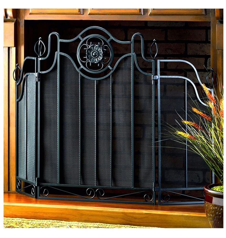 3-Panel Black Fireplace Screen - Foldable Fireproof Partition with Heat Resistant Mesh - Decorative Hearth Cover for Home Safety & Living Room Decor