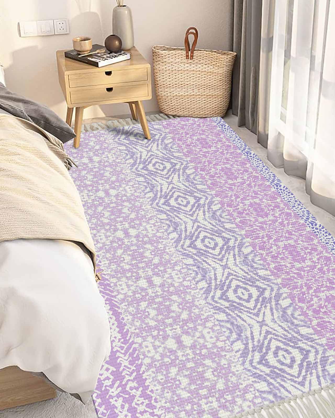 Purple Boho Large Area Rug 4x6ft - Handwoven Runner Rug with Geometric Mandala Tie-Dye Pattern | Washable Bohemian Carpet with Tassels for Living Room, Bedroom, Kitchen, Bathroom & Classroom | Indoor Door Mat for Home Decor & Yoga Space