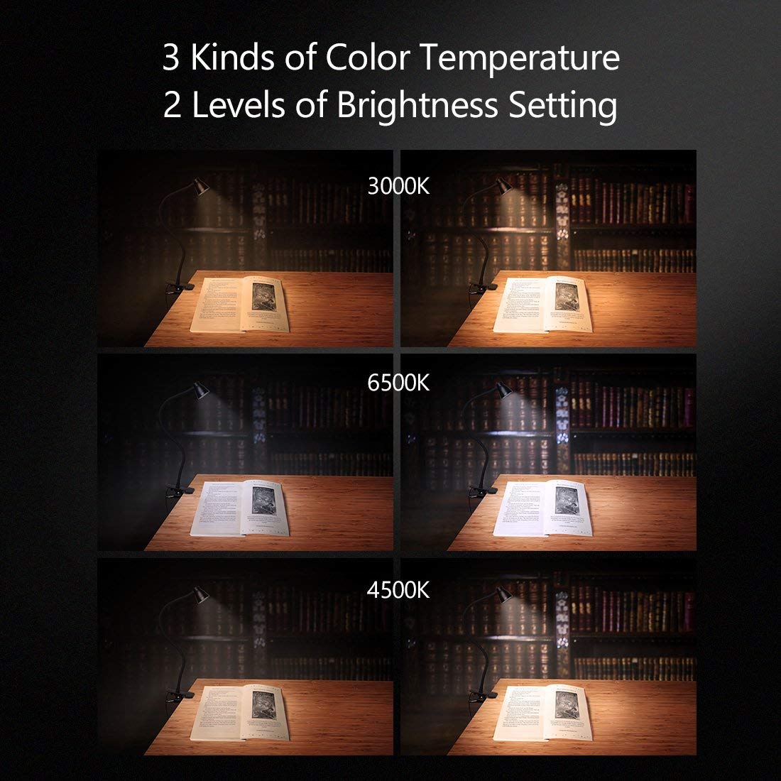 Adjustable Clamp Desk Lamp with 10 LED Beads - 3000K-6500K Color Temperature & 6 Lighting Modes - Clip On Reading Light for Study, Office, and Bedroom (Black, AC Adapter Not Included)