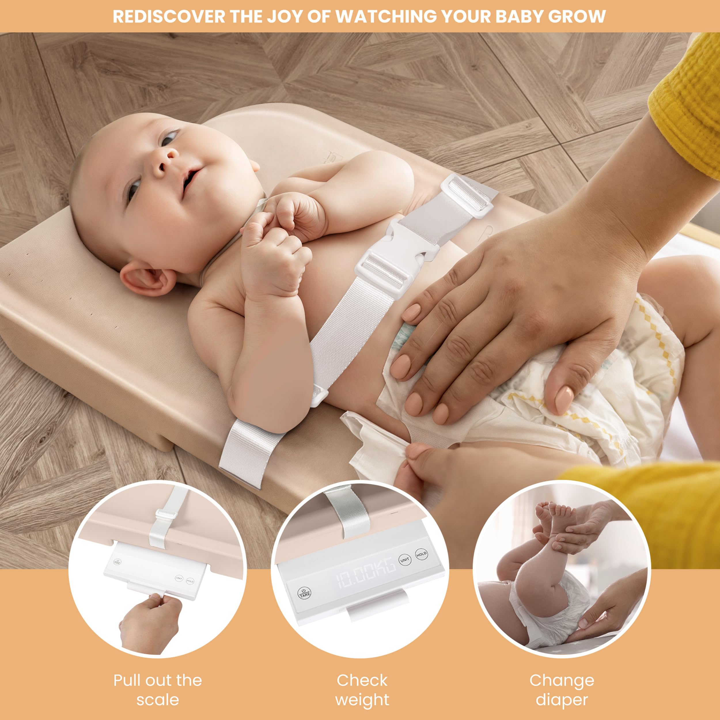 2 in 1 Baby Smart Scale & Waterproof Changing Pad with Safety Belt - Non-Slip, Wipeable & Portable Baby Care Essentials for Nursery, Travel & Home Use